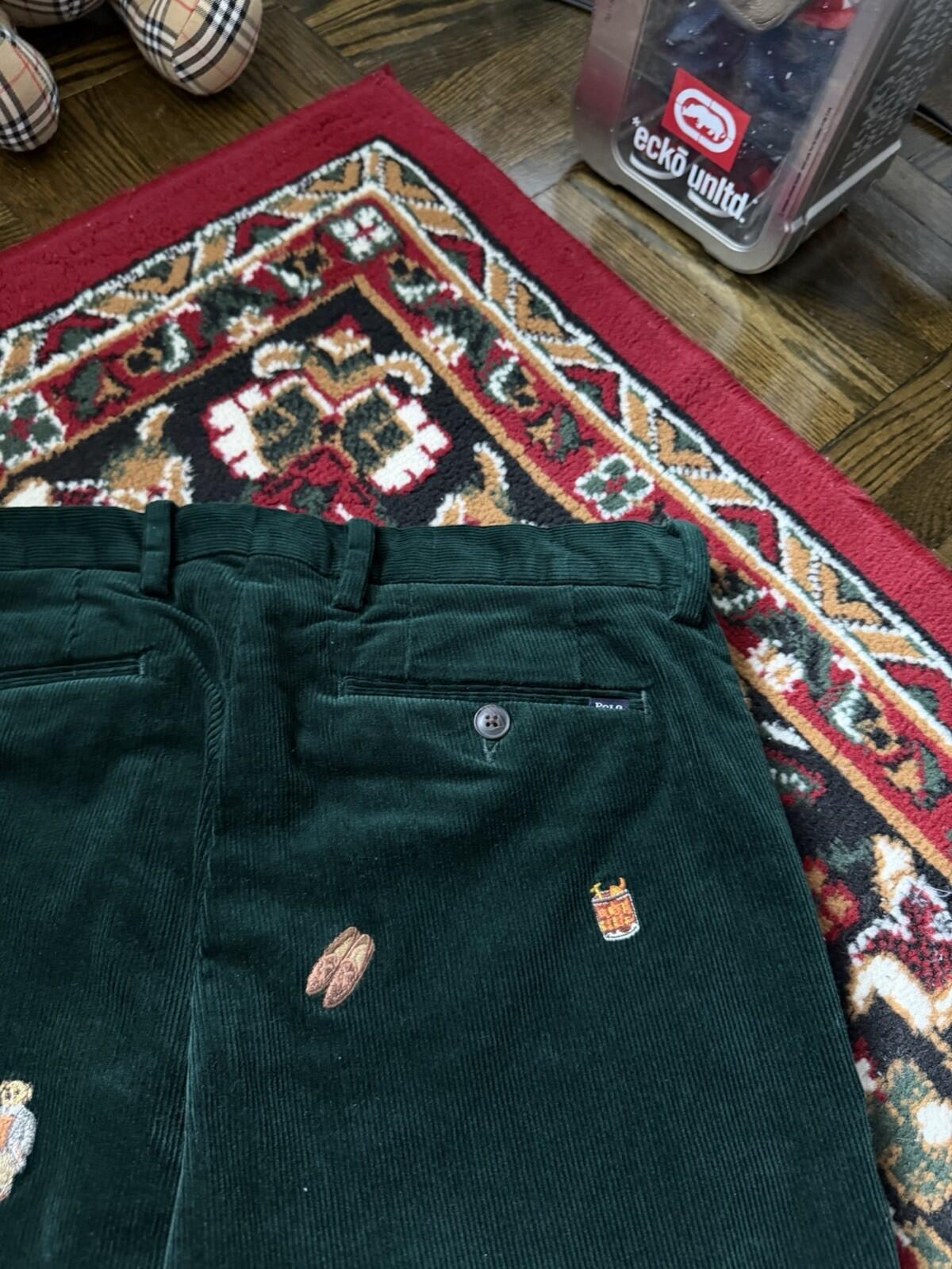 Polo Ralph Lauren Bear Slim Green Corduroy Embroidered Pants Size 30/30