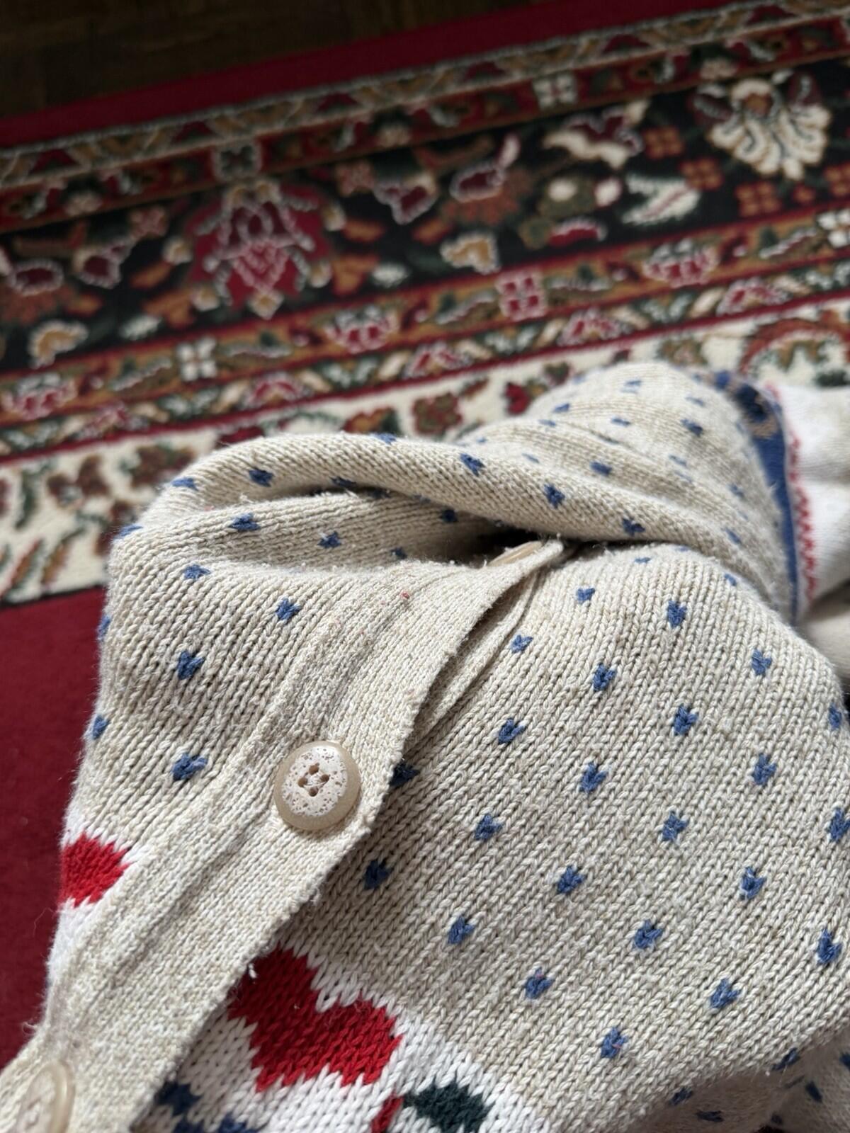 Vintage Cottage Cove Teddy Bear Knit Cardigan Sweater Size S Beige