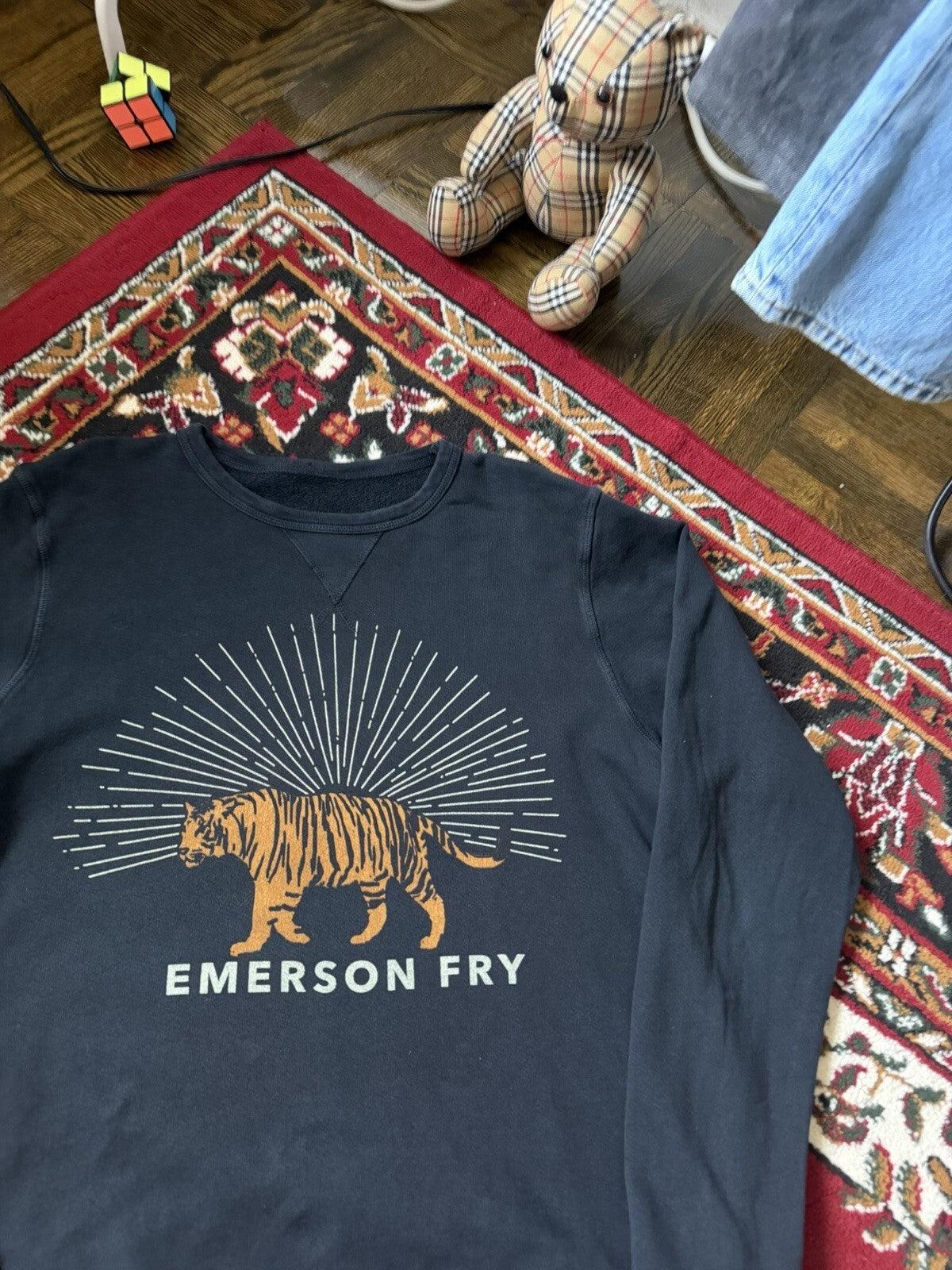 Emerson Fry Sweatshirt Womens Medium Black French Terry Crewneck Tiger USA Made