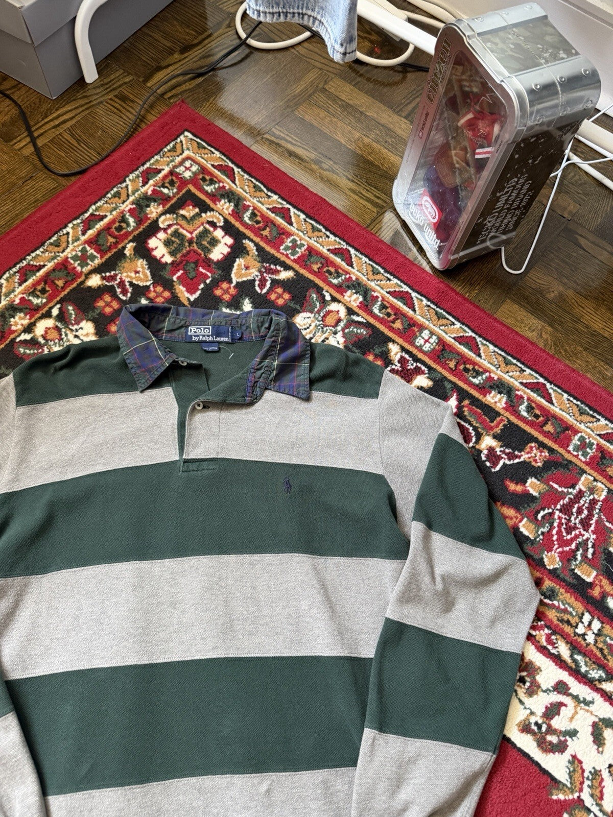 Vintage Polo Ralph Lauren Men Striped Rugby Polo Long Sleeve Green (Sz L)