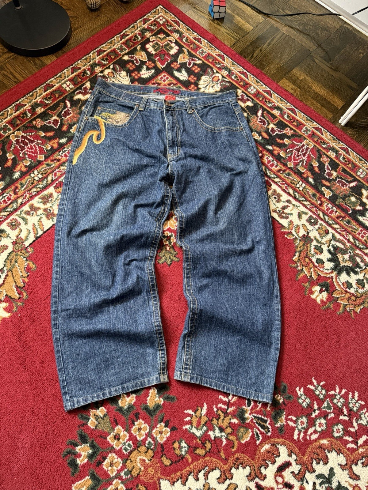 Vintage Request Lion Print Jeans Men 38/32 Blue Denim Embroidered Y2K 90s Skater