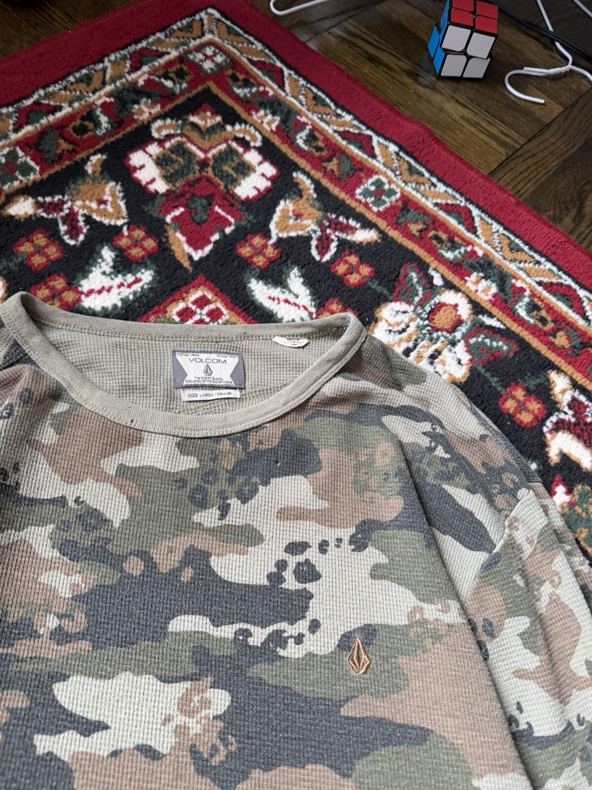 Y2K Volcom Stone Camo Thermal Waffle Knit Vintage Shirt Men L Sweater Skater