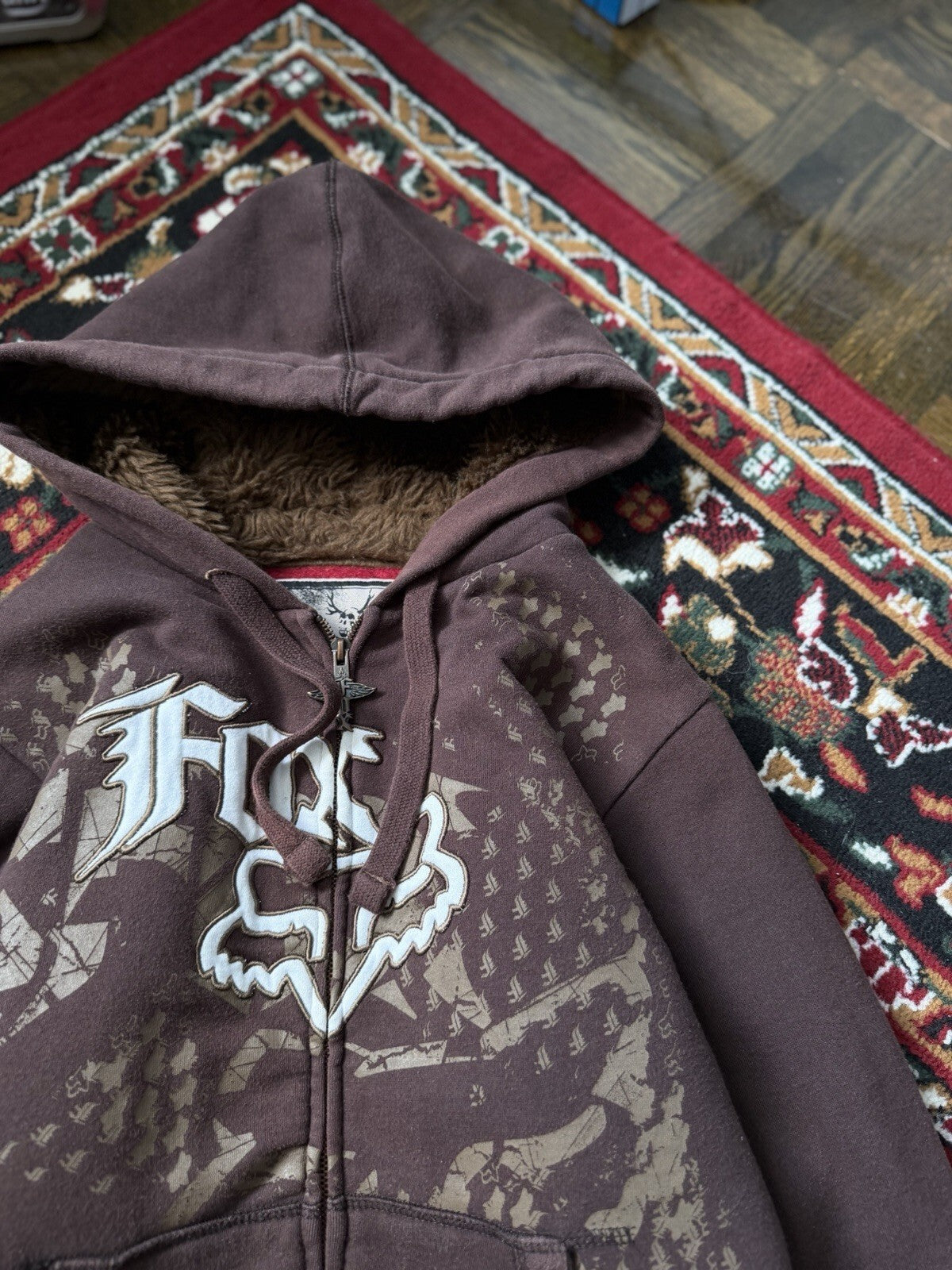 Vtg Y2K Fox Racing Sasquatch Fur Lined Full Zip Hoodie Small Mocha Brown Jacket