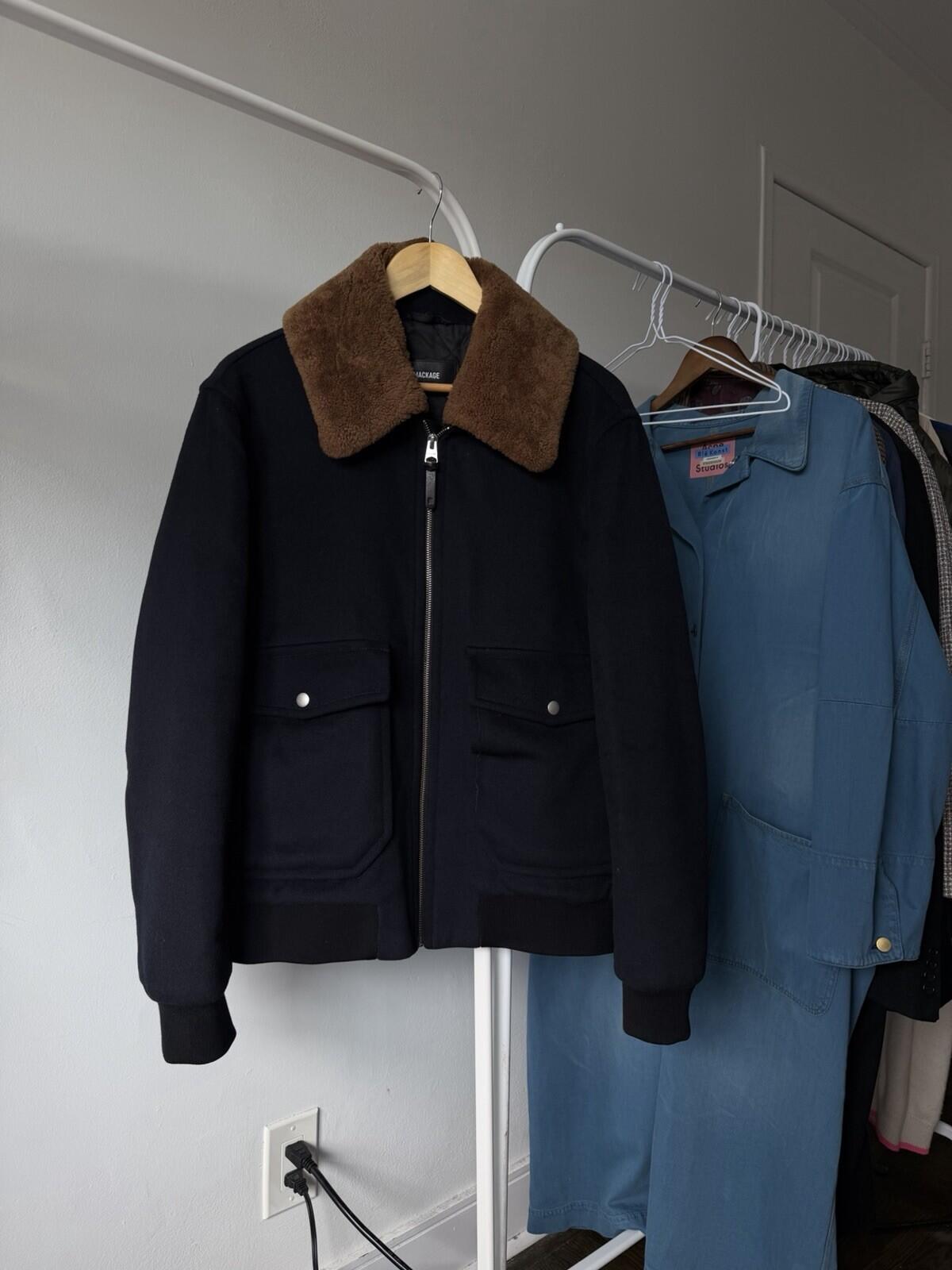 MACKAGE Theo Wool Cashmere Shearling Jacket Real Sheepskin Fur Navy Blue Coat