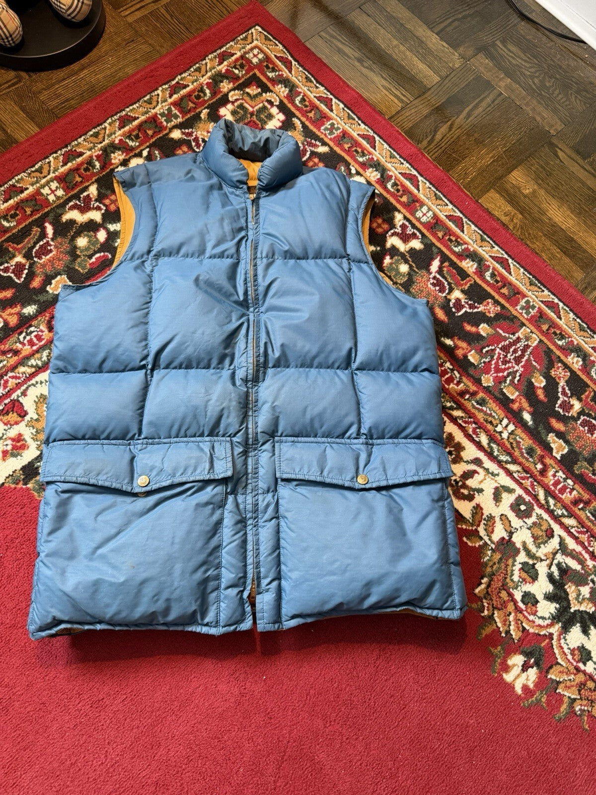 VTG 70s Eddie Bauer Goose Down Puffer Vest Blue Quilted Talon Zip Tan USA M