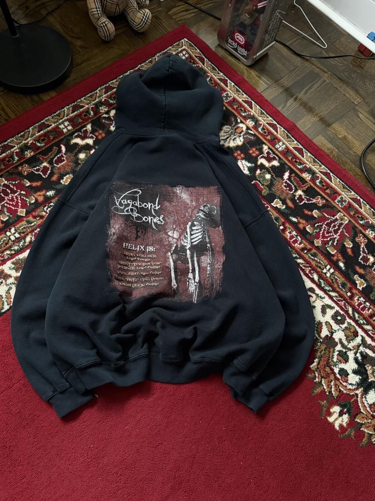 Vintage Vagabond Bones by Helix Skull Blood Band Hoodie Double Sided Gildan 00s