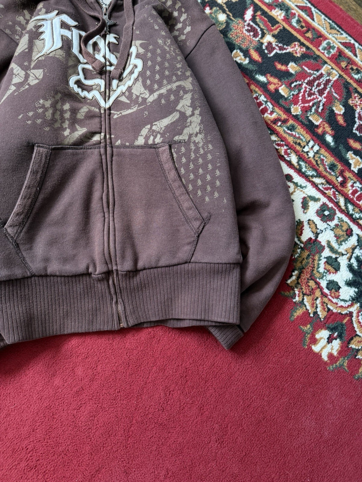 Vtg Y2K Fox Racing Sasquatch Fur Lined Full Zip Hoodie Small Mocha Brown Jacket