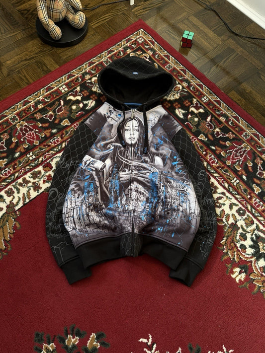 Vintage Ecko Unltd. Full Zip Hoodie Graffiti Girl Print Size M Streetwear Y2K