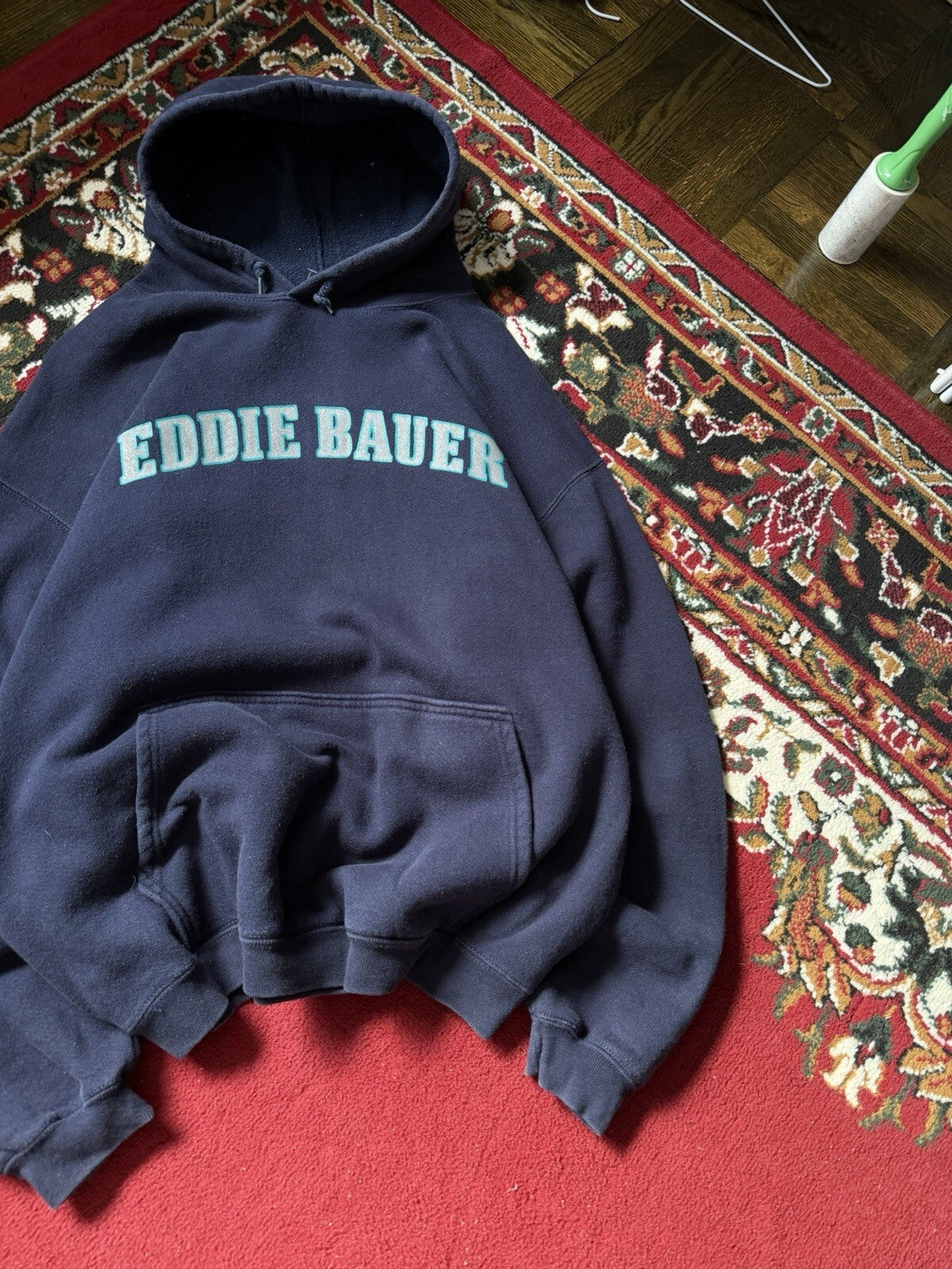 Vintage Eddie Bauer Distressed Spell Out Heavyweight Hoodie Blue