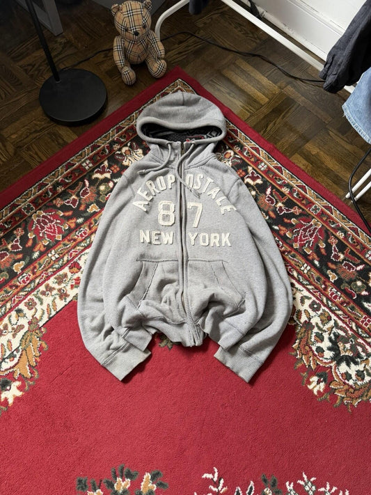 Y2K Aeropostale Faux Fur Vintage Grunge Gray Jacket Hoodie Large