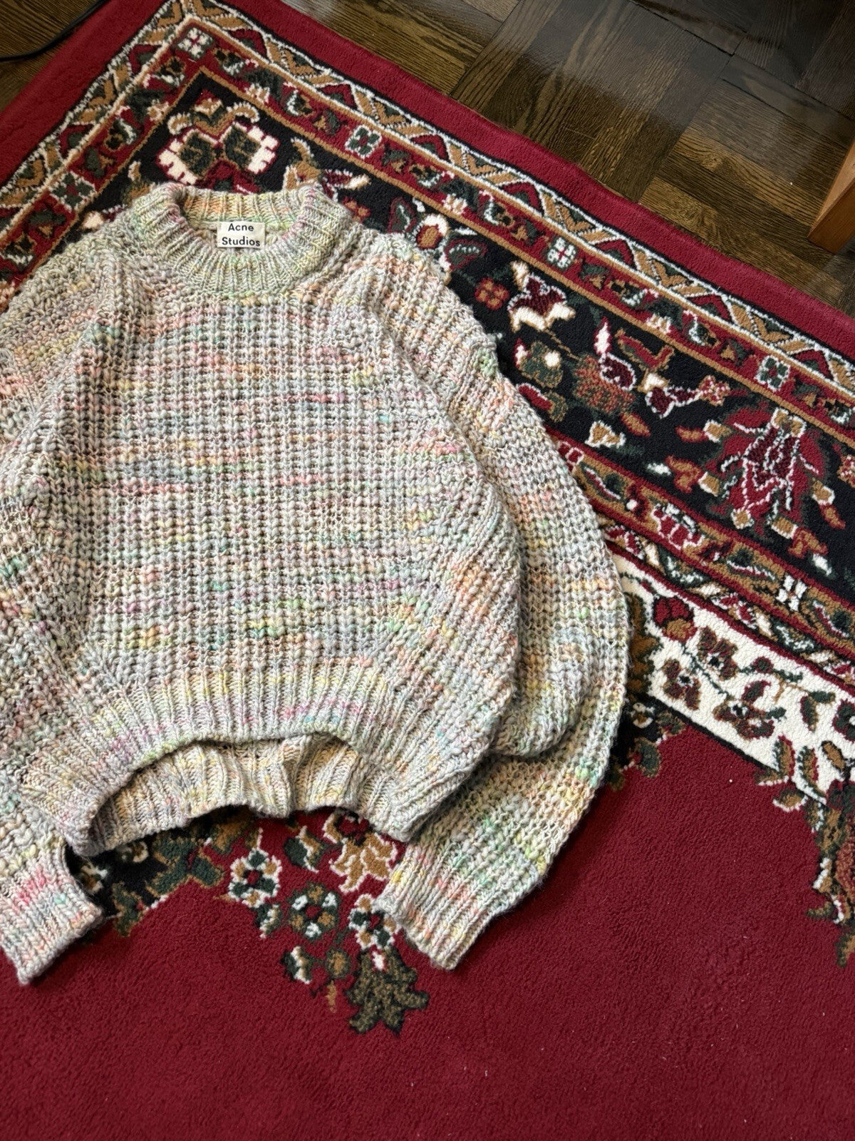 Acne Studios Zora Knit Sweater White/Gray With Rainbow Streaks Size S