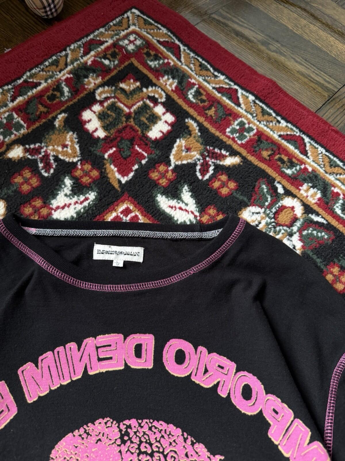 Y2K Emporio Armani Denim Blue Graphic Longsleeve Tee Black Pink Logo