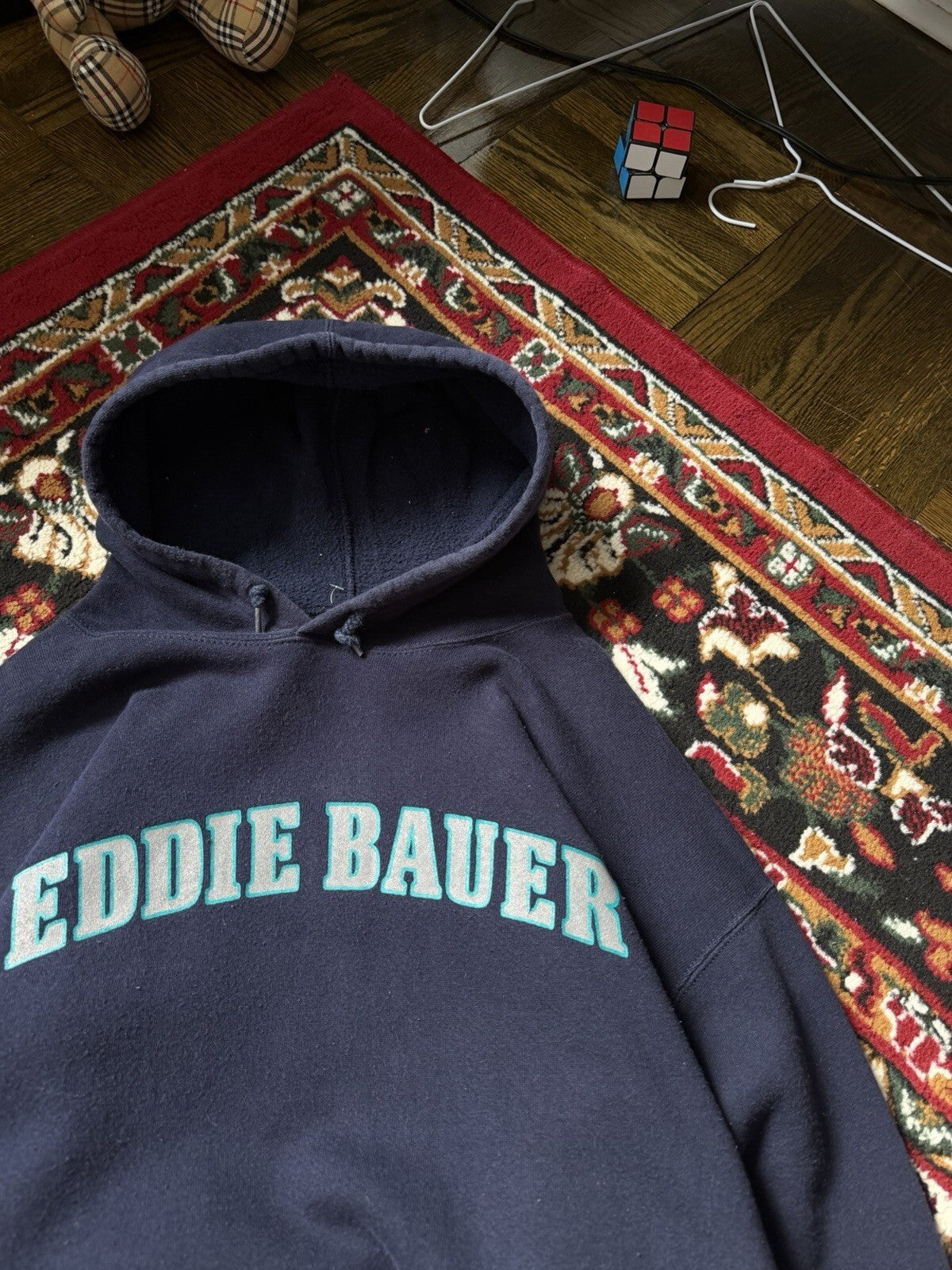 Vintage Eddie Bauer Distressed Spell Out Heavyweight Hoodie Blue