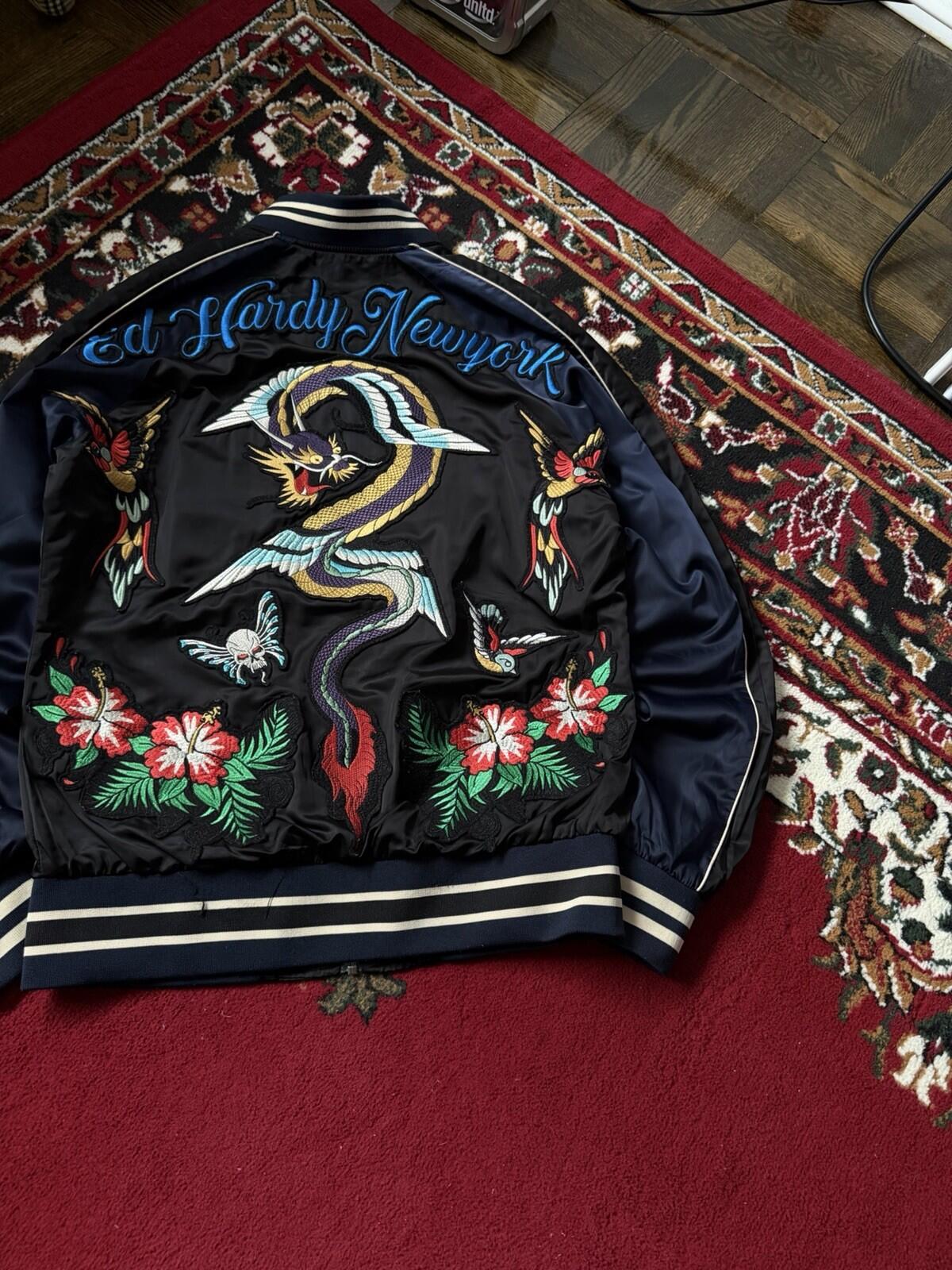 VTG Ed Hardy New York Dragon Japanese Satin Souvenir Bomber Jacket Size M Y2K