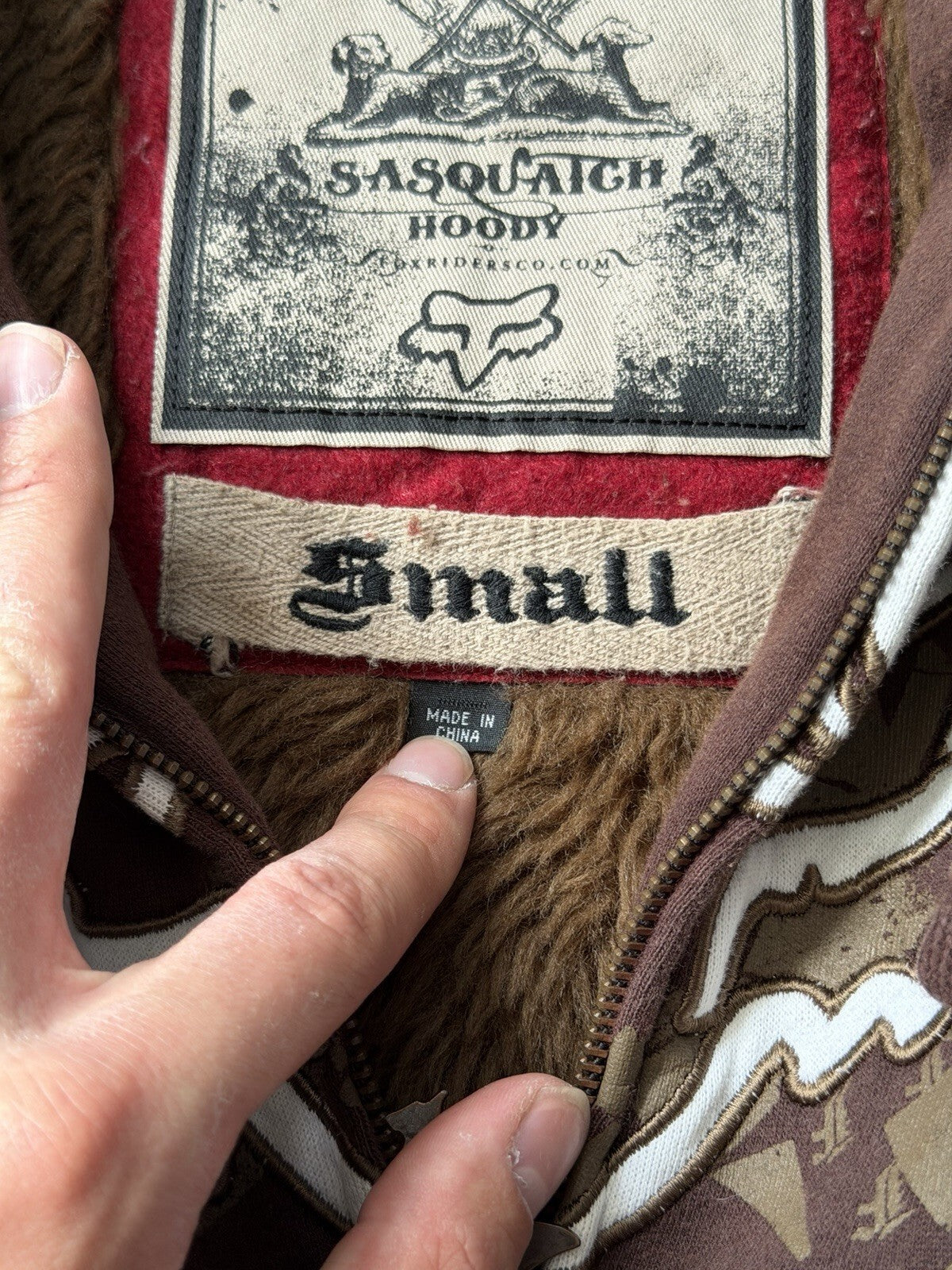Vtg Y2K Fox Racing Sasquatch Fur Lined Full Zip Hoodie Small Mocha Brown Jacket