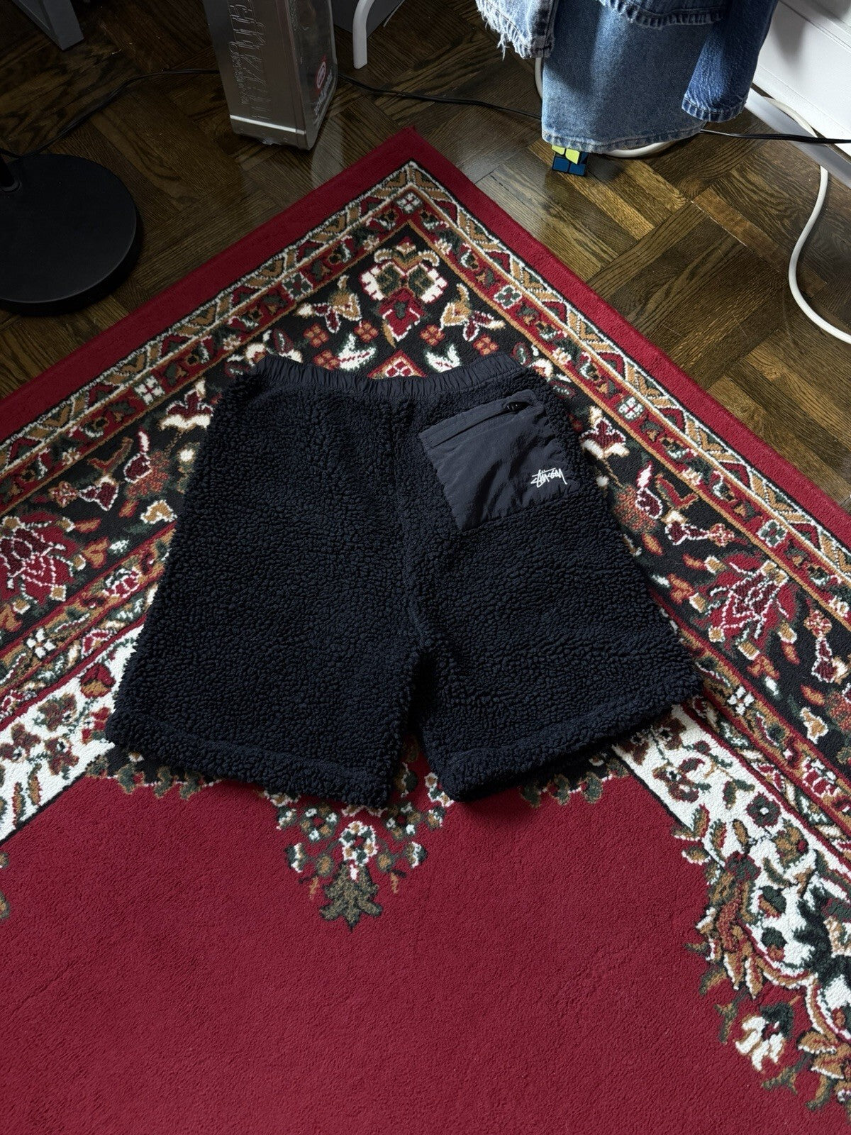 Stussy Sherpa Fleece Shorts Black Embroidered Logo Zipper Nylon Pocket