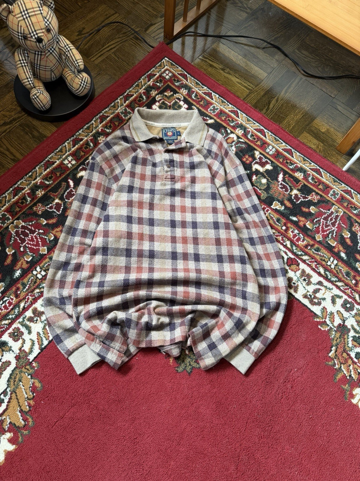 Vintage Chaps Ralph Lauren Plaid Rugby Polo Shirt Men Large Long Sleeve 90s