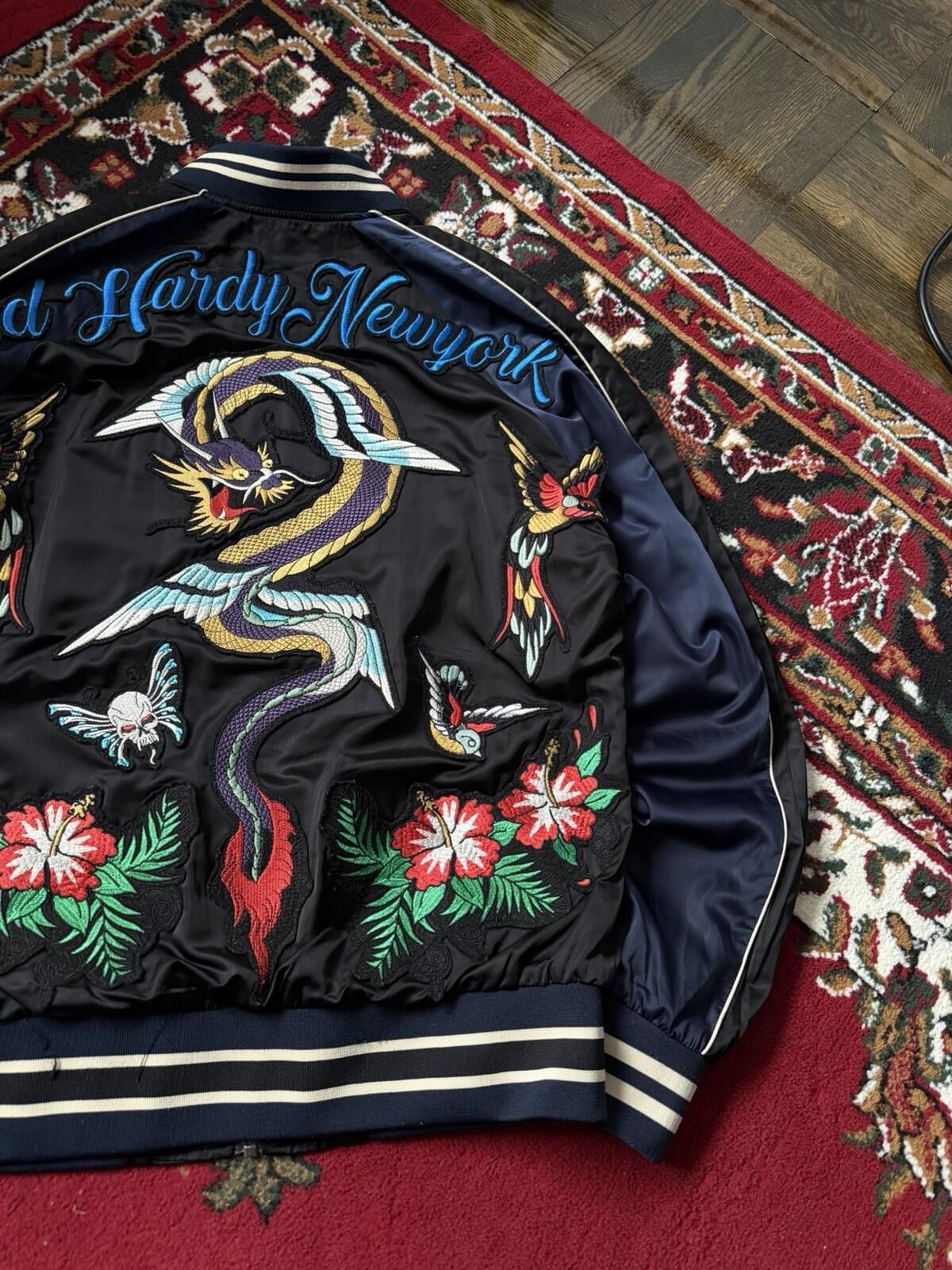VTG Ed Hardy New York Dragon Japanese Satin Souvenir Bomber Jacket Size M Y2K