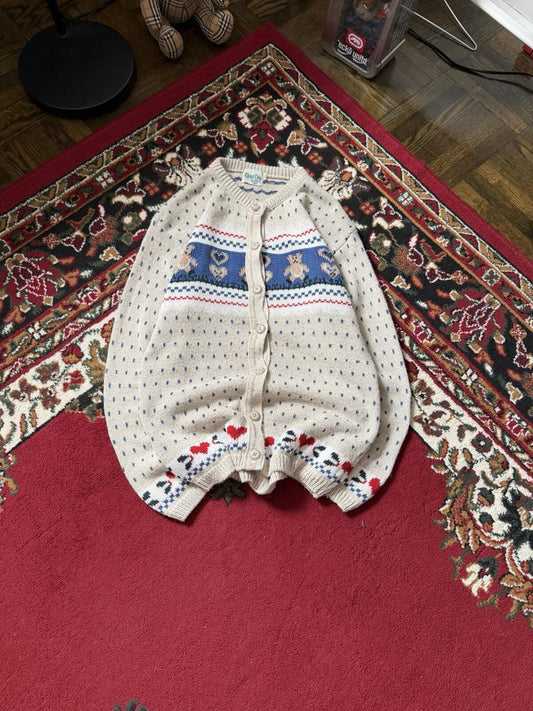 Vintage Cottage Cove Teddy Bear Knit Cardigan Sweater Size S Beige