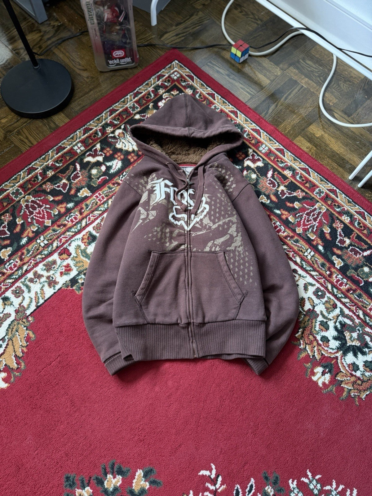 Vtg Y2K Fox Racing Sasquatch Fur Lined Full Zip Hoodie Small Mocha Brown Jacket