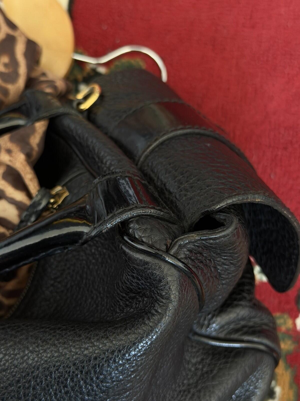 Dolce & Gabbana Y2K Black Pebbled Leather Buckle Shoulder Bag Leopard Lining