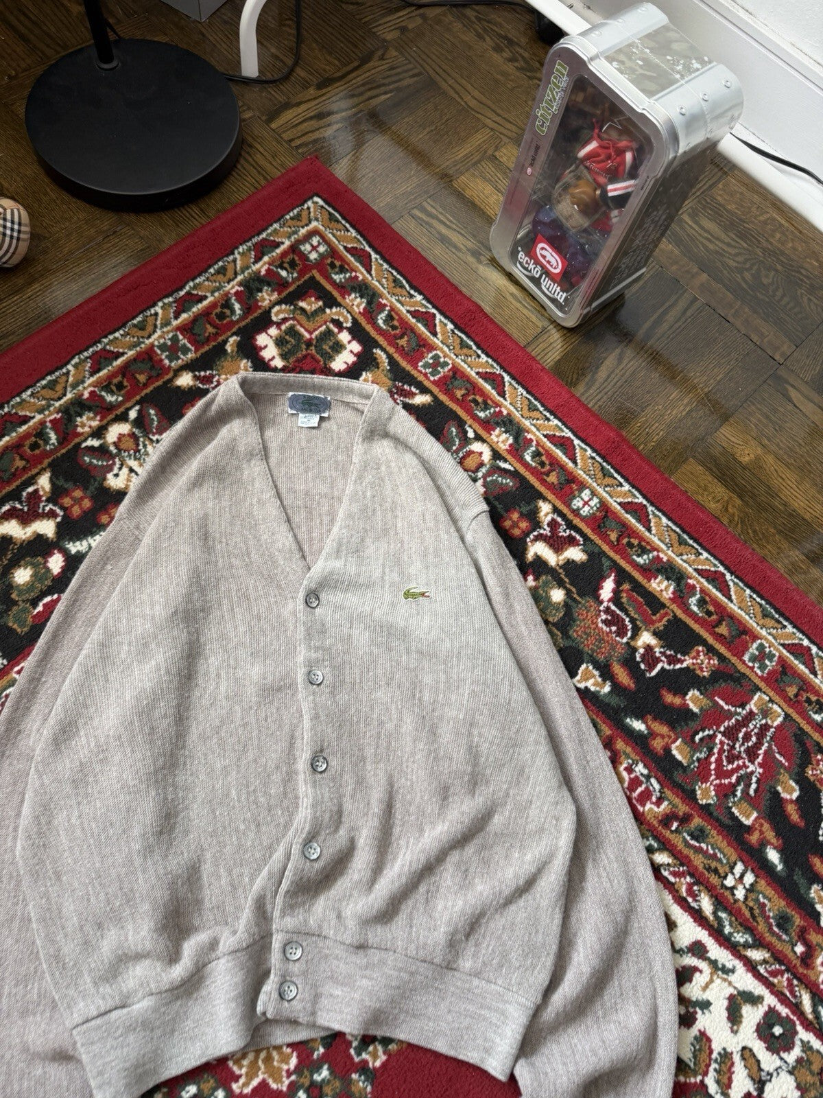 Vintage Izod Lacoste Cardigan Sweater Men Medium Gray Acrylic V-Neck USA