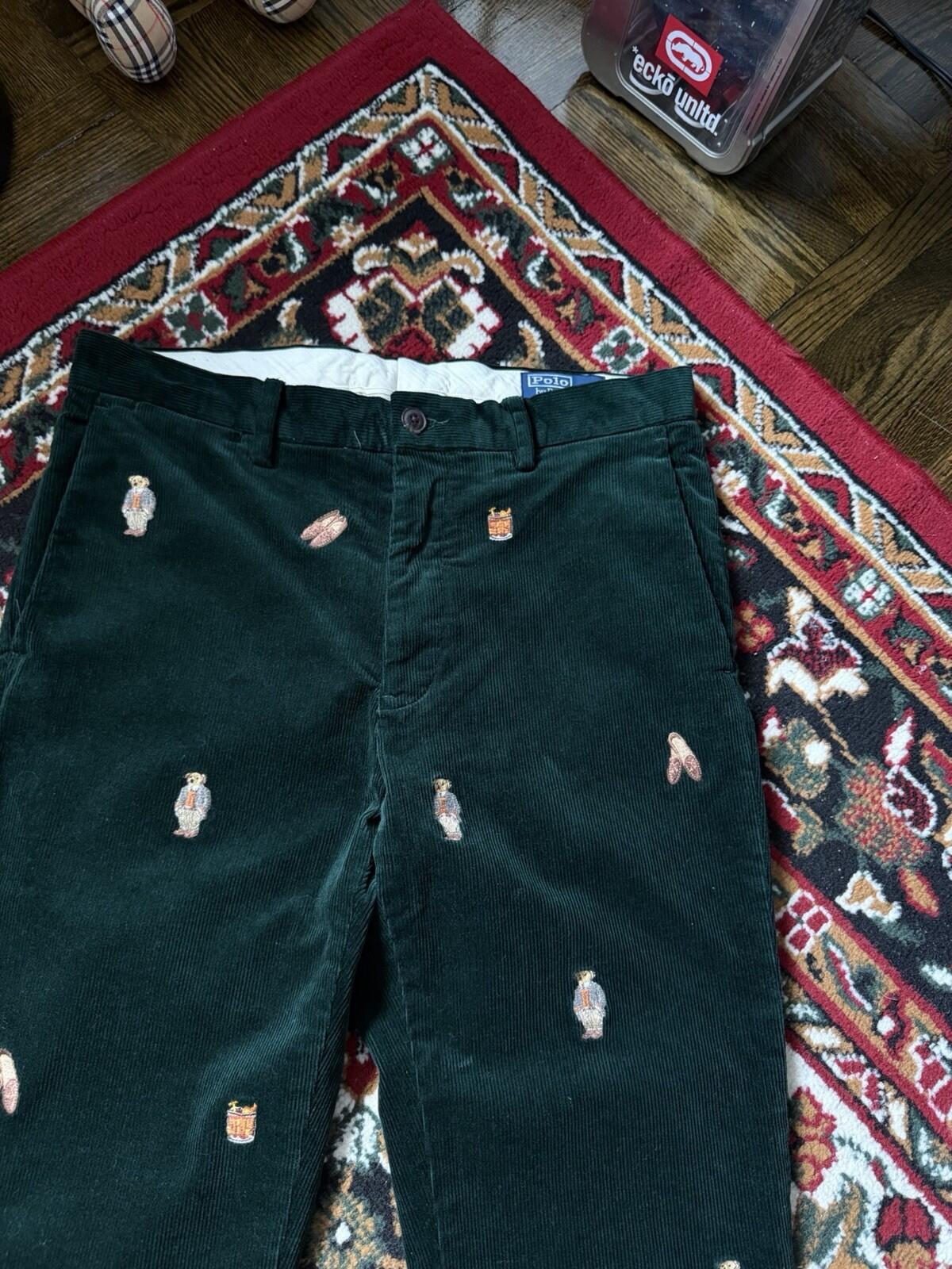 Polo Ralph Lauren Bear Slim Green Corduroy Embroidered Pants Size 30/30