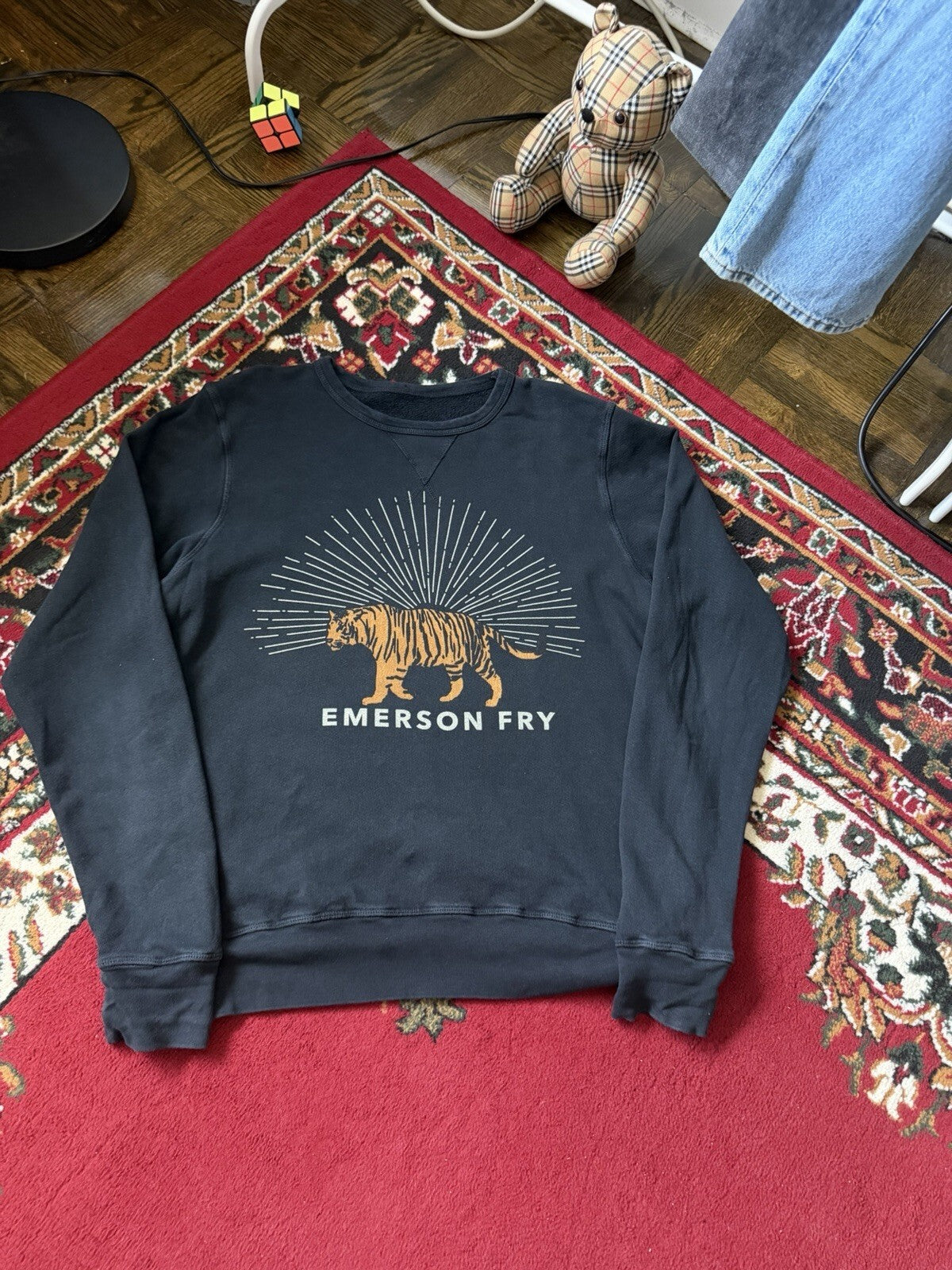 Emerson Fry Sweatshirt Womens Medium Black French Terry Crewneck Tiger USA Made