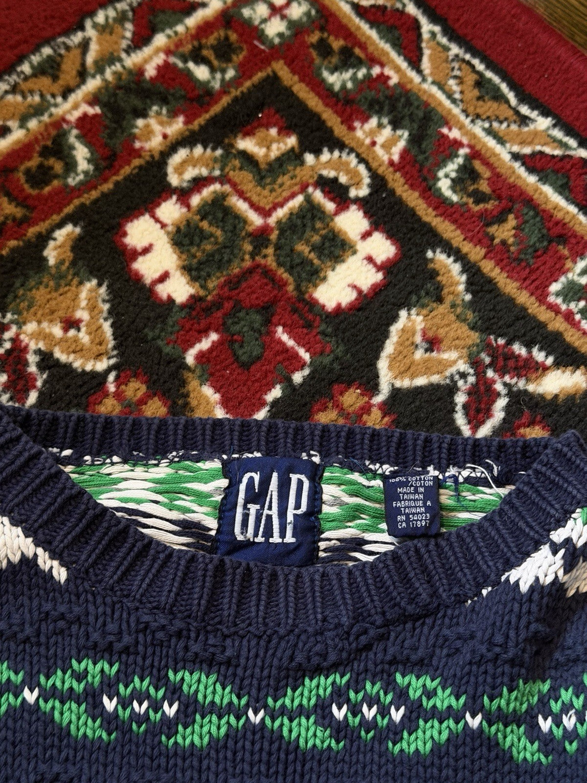 90s Gap Fair Isle Blue Grean Heavy Cotton Knit Sweater Size XL