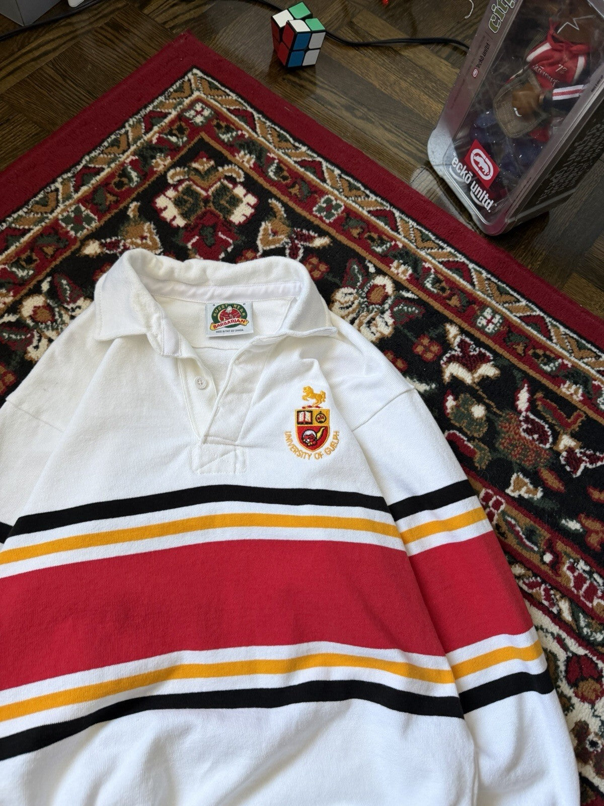 Vintage Barbarian Rugby Shirt Mens Small University of Guelph White  Polo