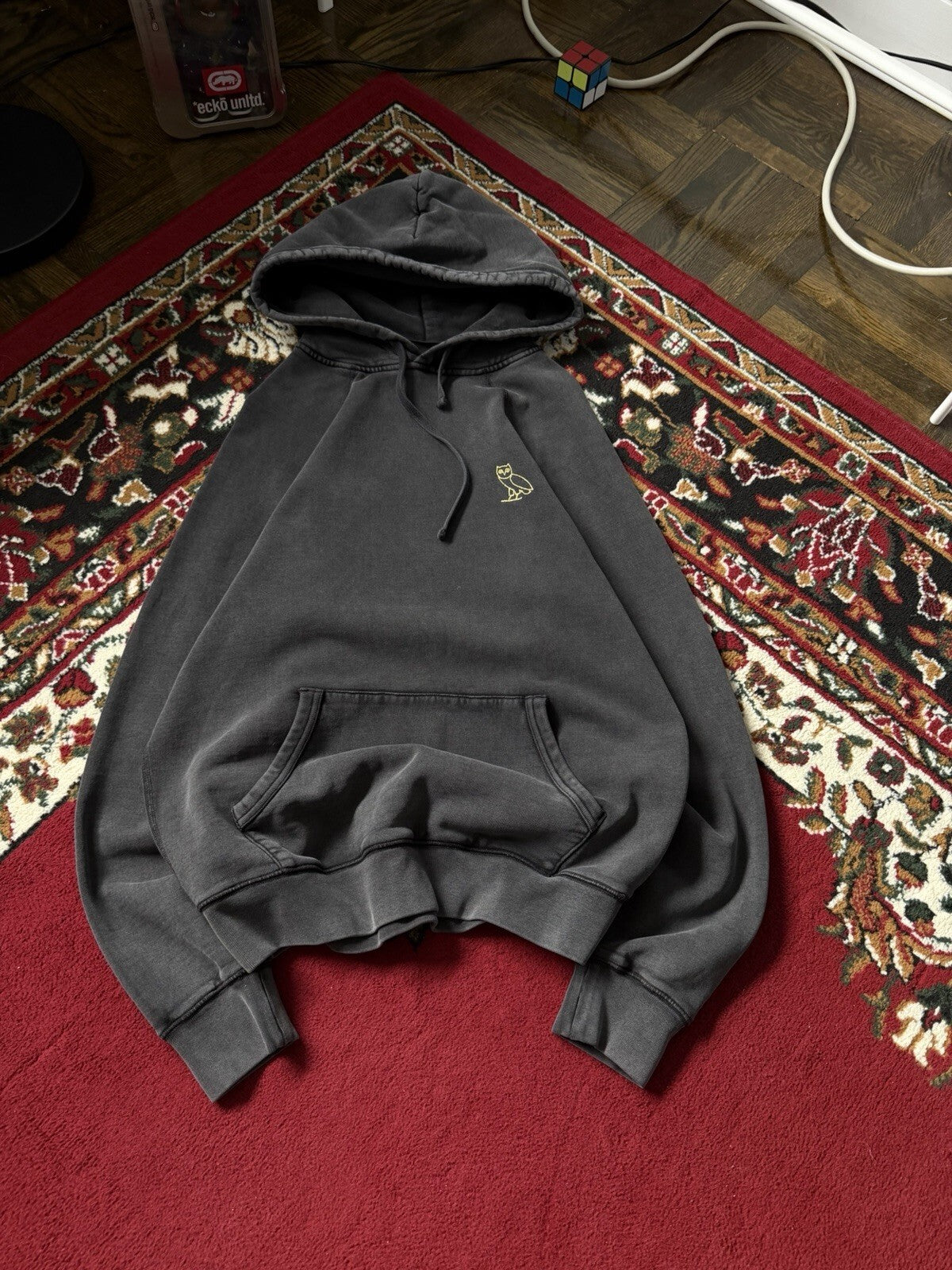 October's Very Own OVO Drake Pigment Dyed Owl Logo Hoodie Sweatshirt Off Black S