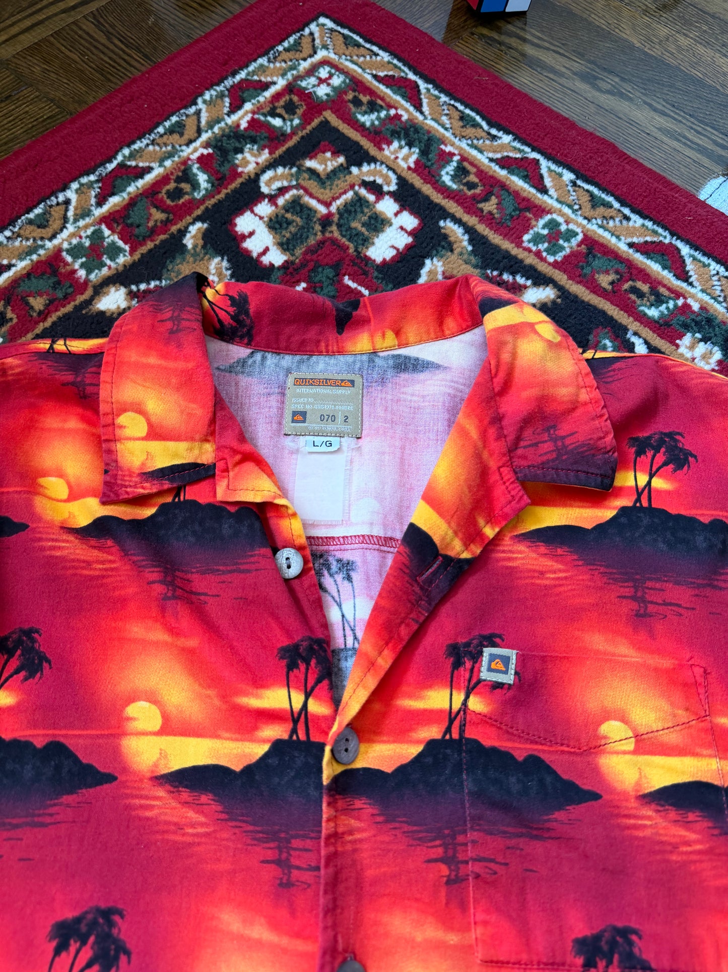 Vintage Quiksilver AOP Beach Sunset Button Up Tee / Tshirt