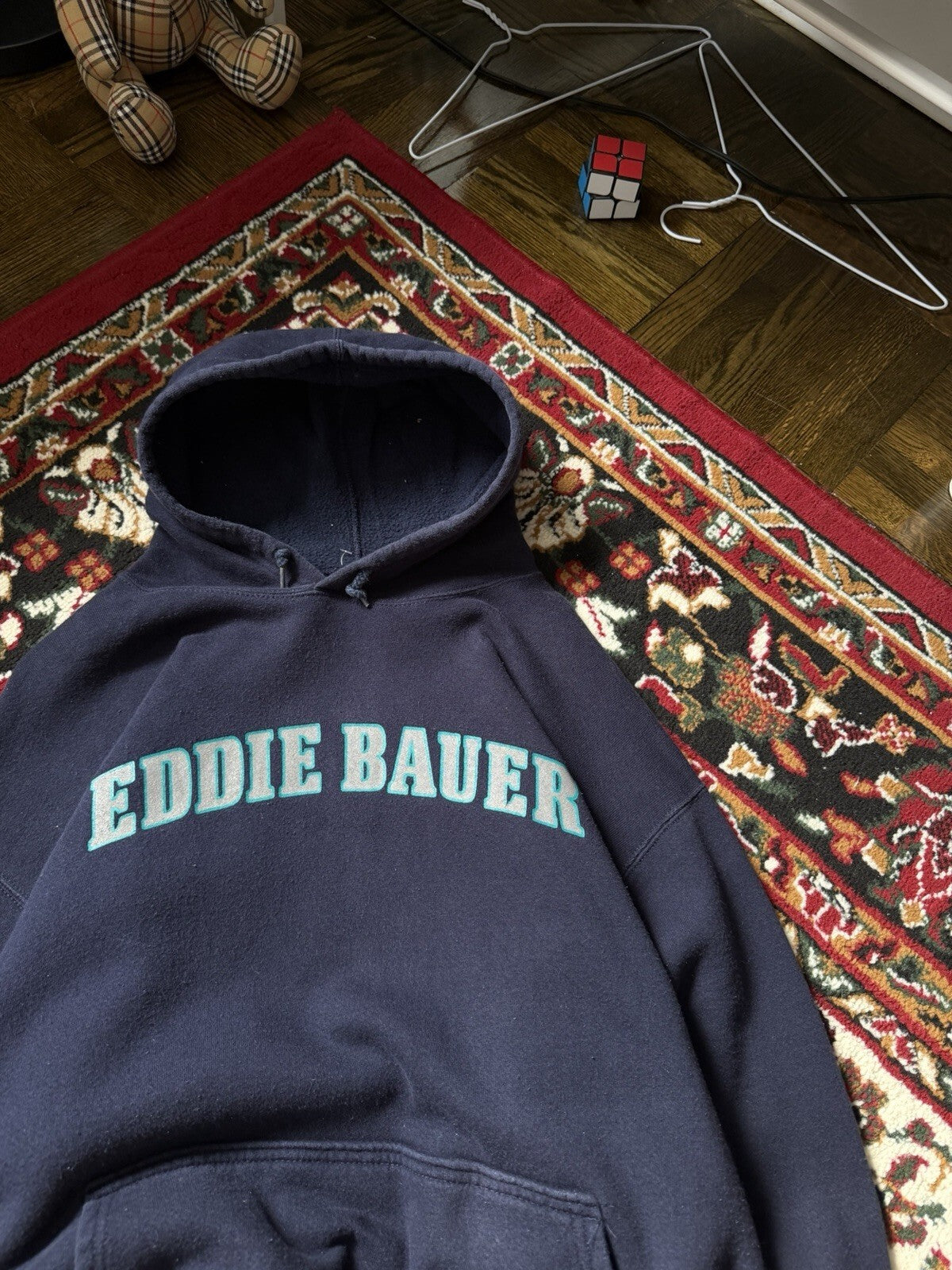 Vintage Eddie Bauer Distressed Spell Out Heavyweight Hoodie Blue
