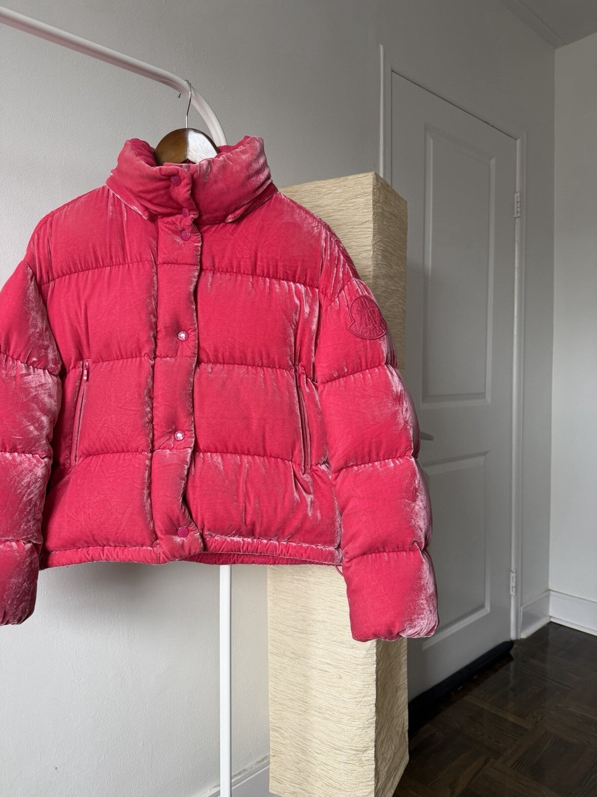 Moncler Fuchsia Caille Velvet Puffer Jacket Coat Womens 0 Pink