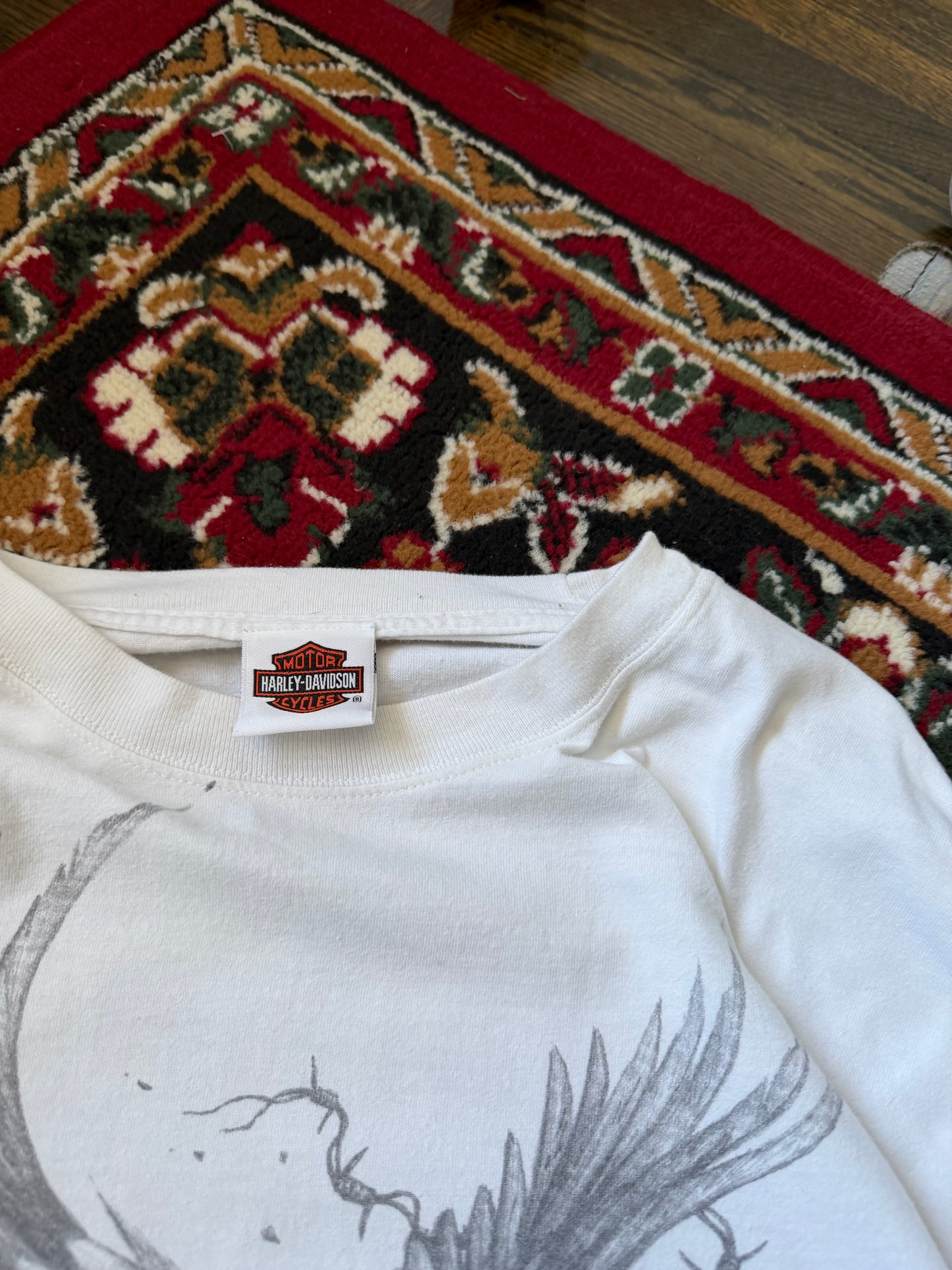 Harley Davidson Eagle Both Sleeves Flames White Long Sleeve Shirt Tee
