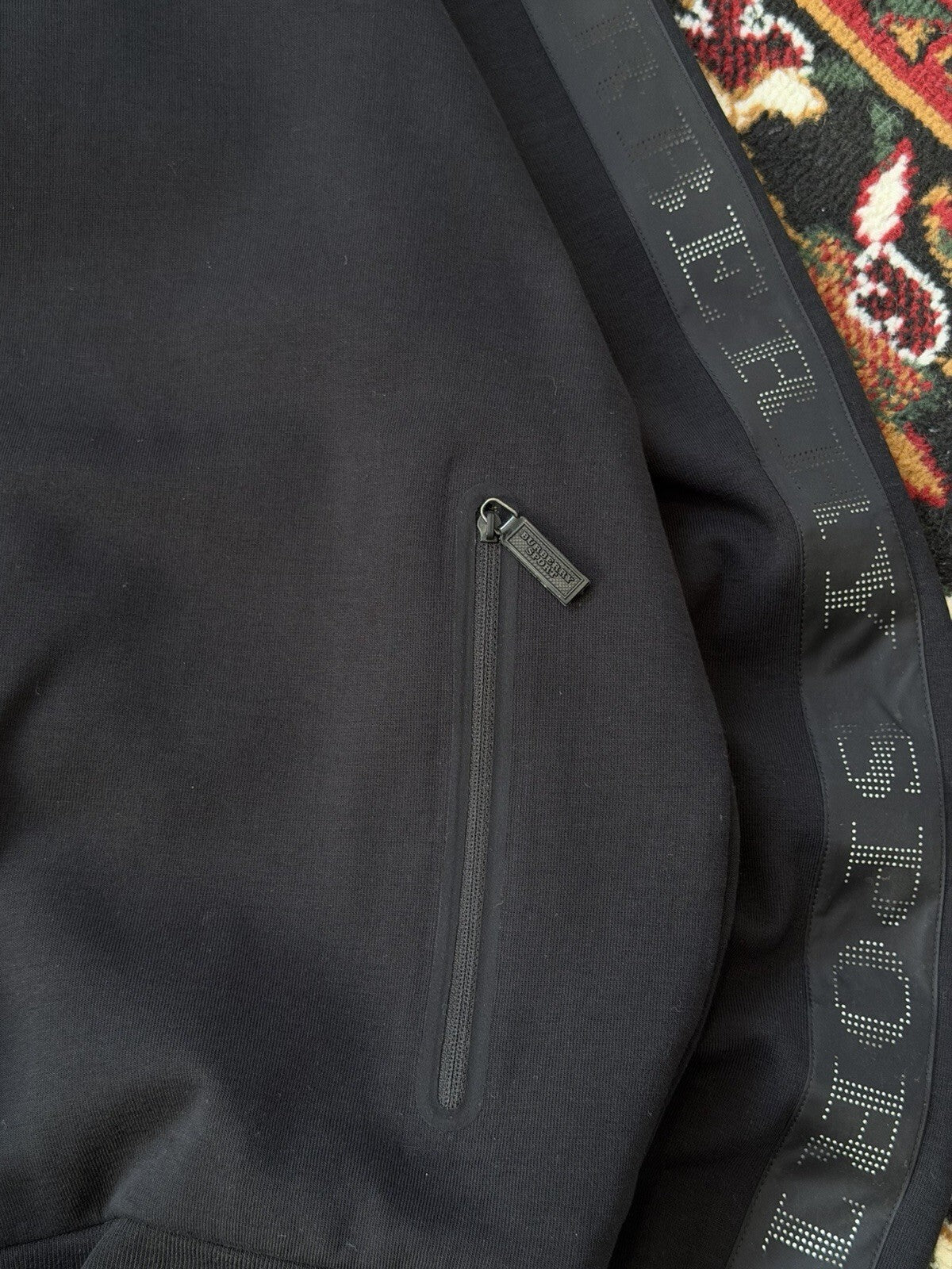 Burberry Sport Black Zip Up Sweater Mesh Logo On Sleeve Size L