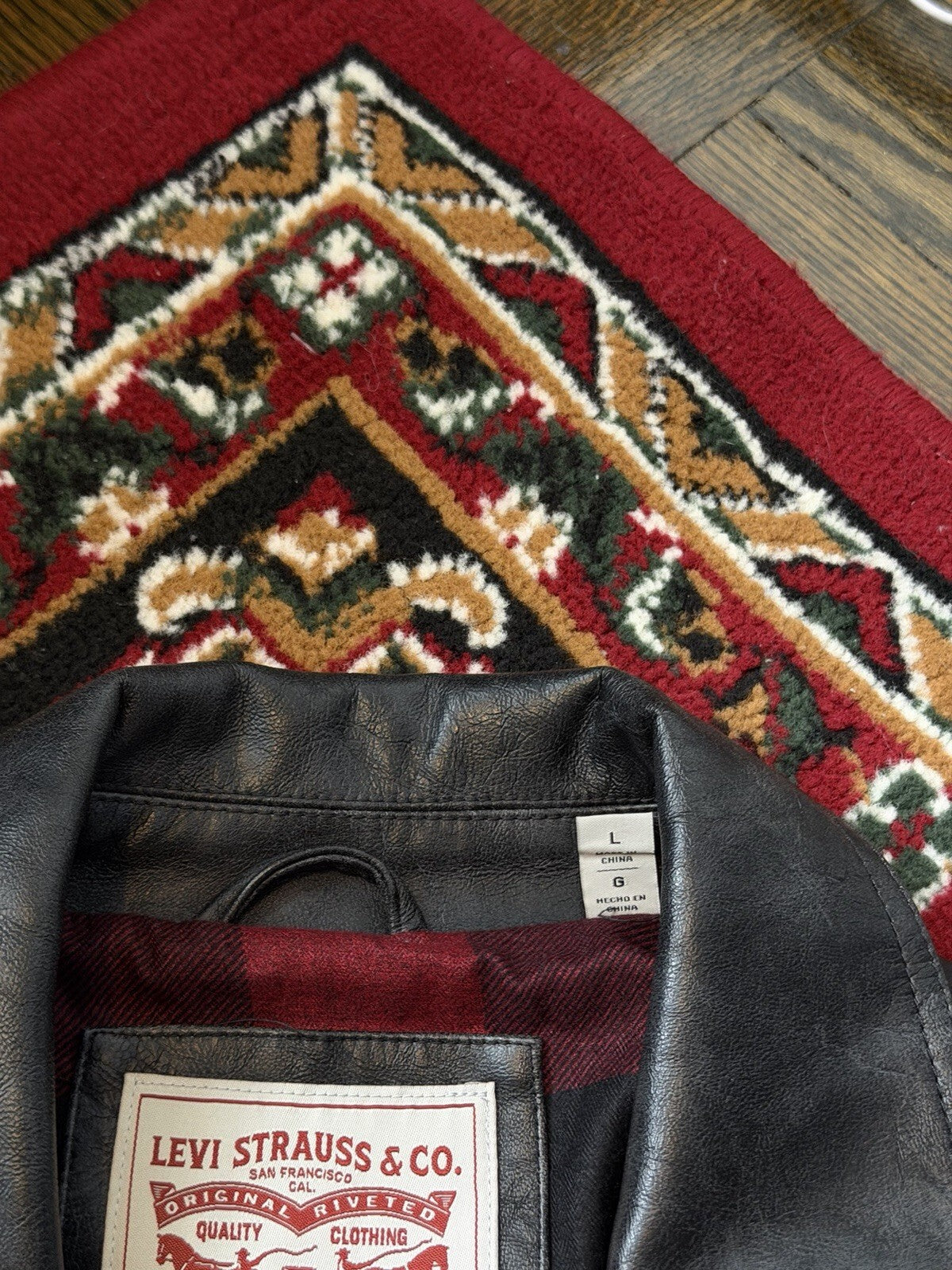 Levi’s Black Faux Leather Moto Jacket Men’s Large Biker USA Buffalo Plaid Lining