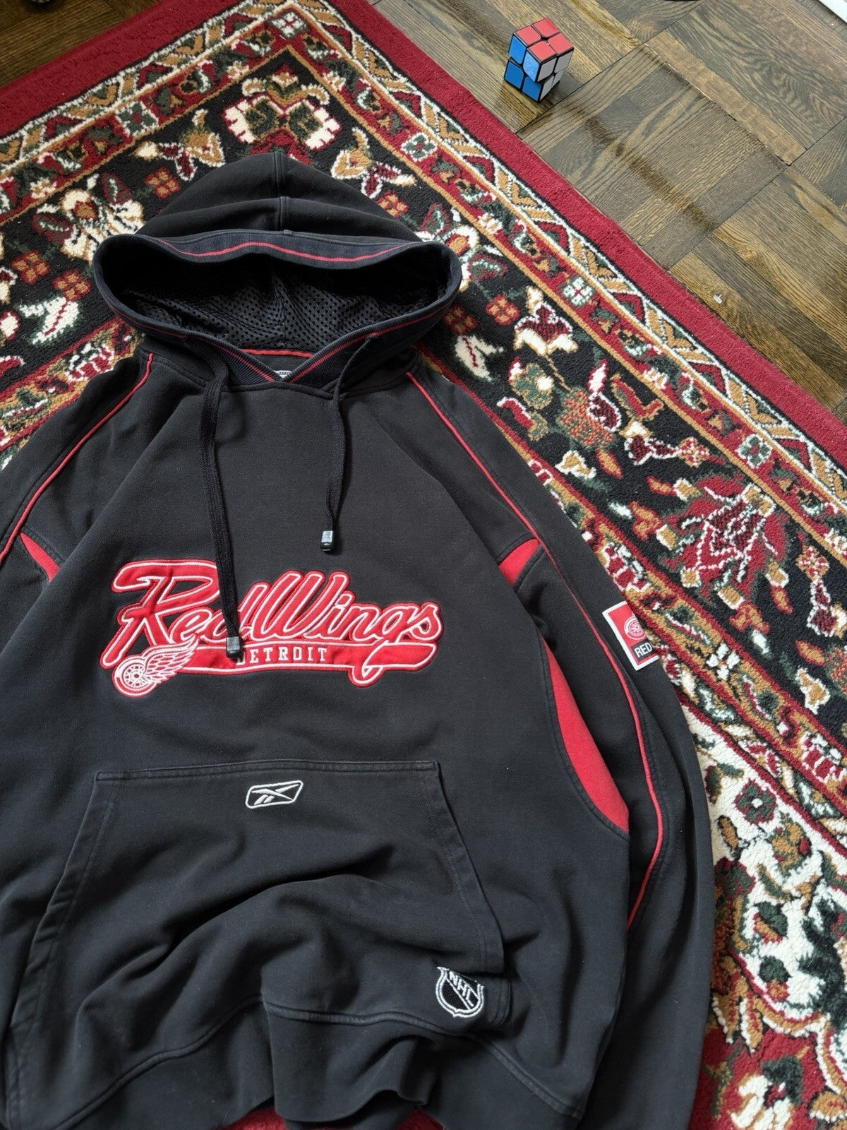 Vintage Detroit Red Wings NHL Reebok Pullover Hoodie Sweatshirt Black Adult L
