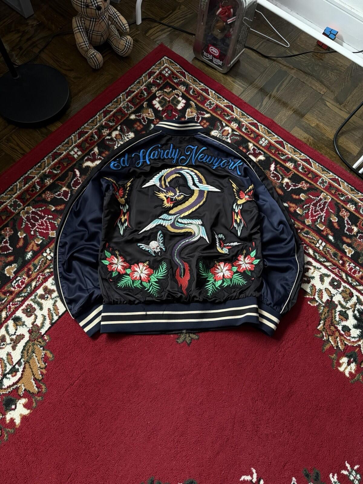 VTG Ed Hardy New York Dragon Japanese Satin Souvenir Bomber Jacket Size M Y2K