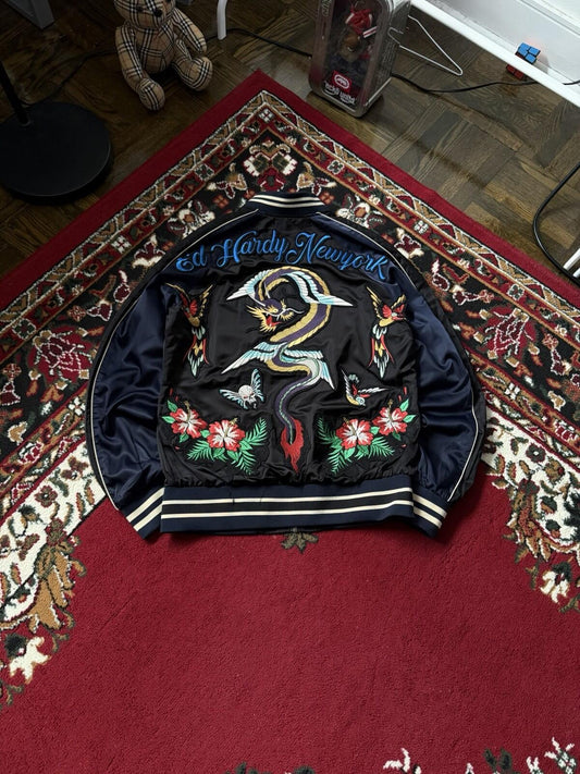 VTG Ed Hardy New York Dragon Japanese Satin Souvenir Bomber Jacket Size M Y2K