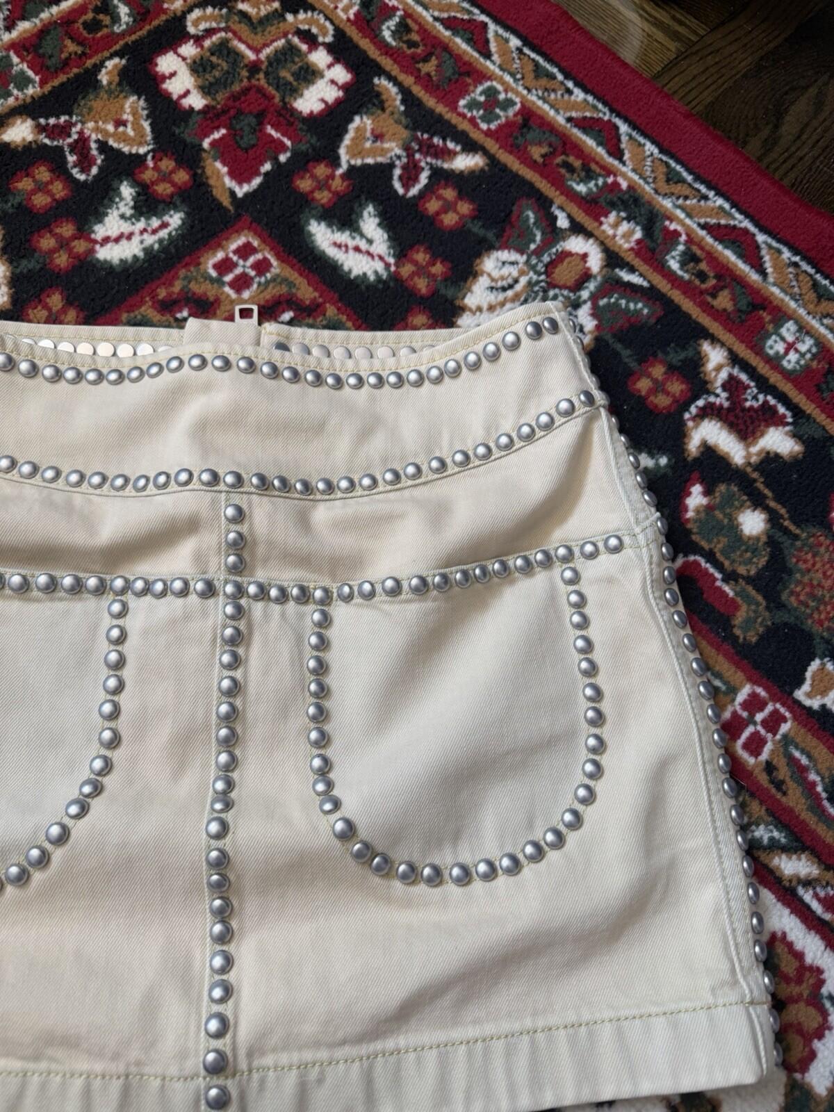 Coach Bleached Denim Mini Skirt Tan White Studded Rivets Pockets Size 0