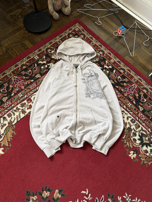 Vintage Quiksilver Skull/Koi Fish Surf Y2K White Hoodie Size Large Rare
