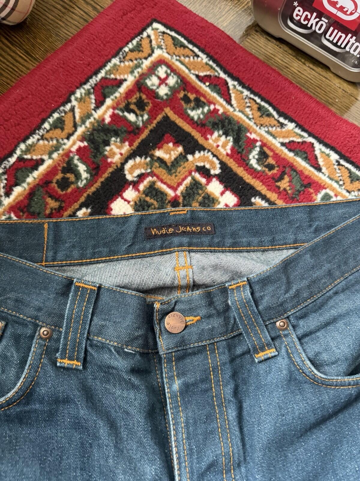 Nudie Grim Tim Organic Dry Greencast Button Fly 36 X 34 Jeans Vintage Blue