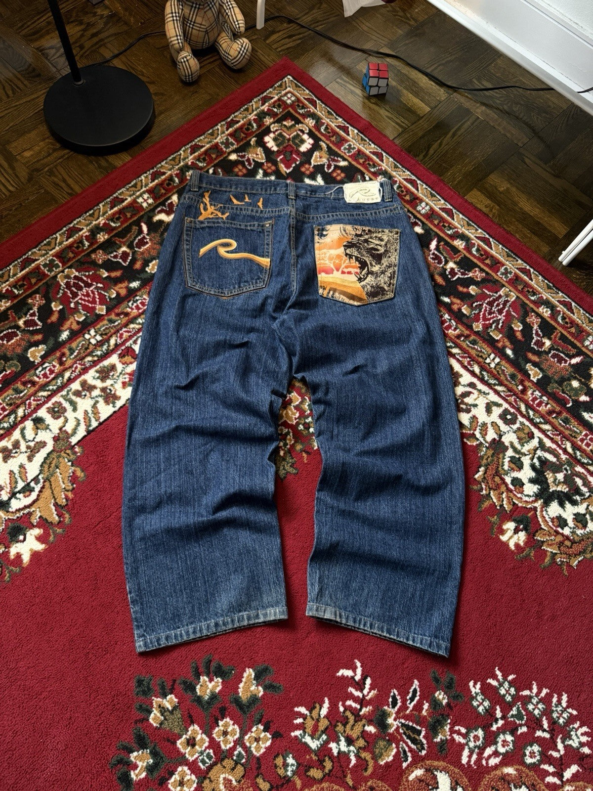 Vintage Request Lion Print Jeans Men 38/32 Blue Denim Embroidered Y2K 90s Skater
