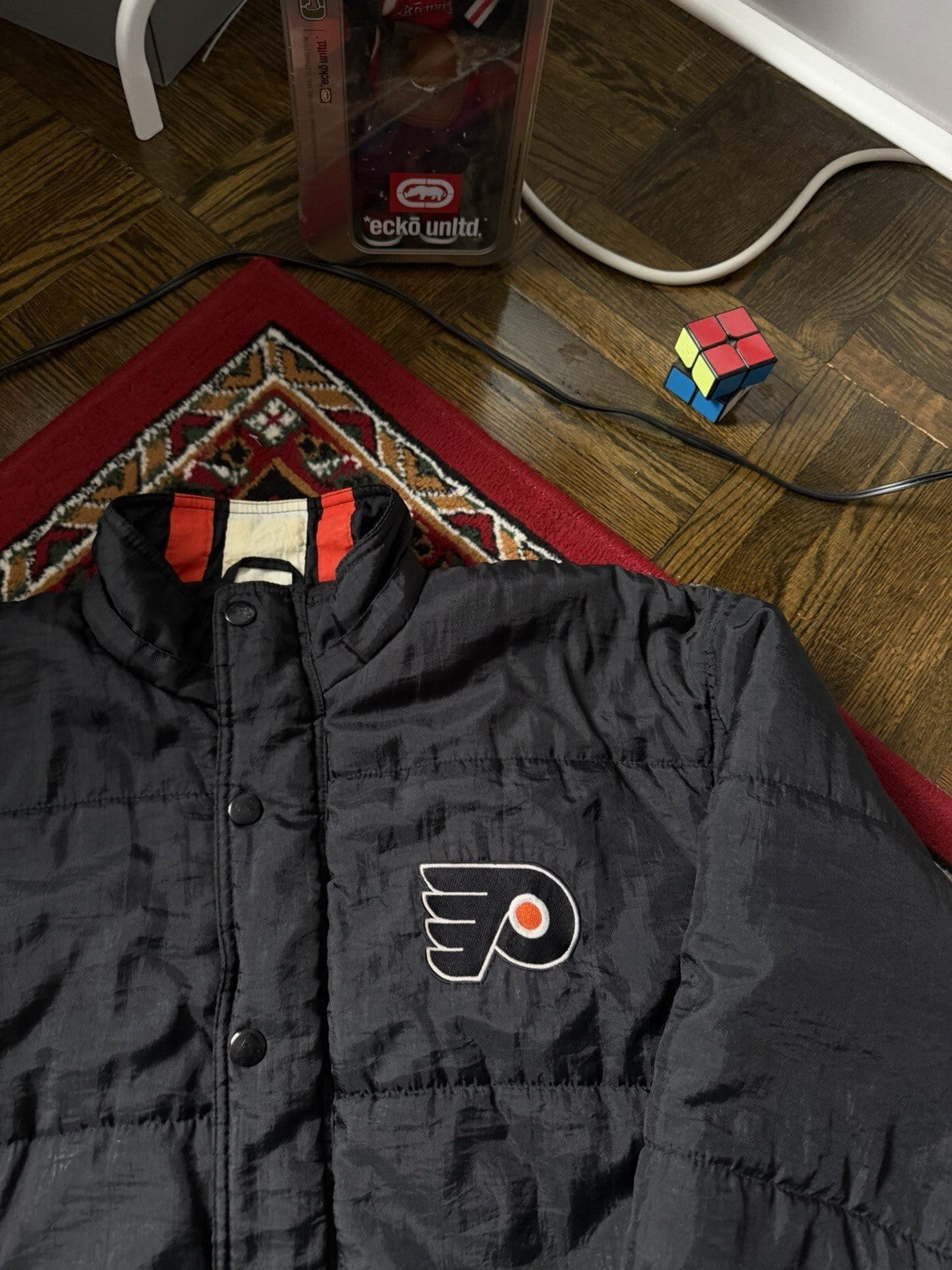 Vintage 90s Starter Philadelphia Flyers NHL Puffer Jacket Black Orange