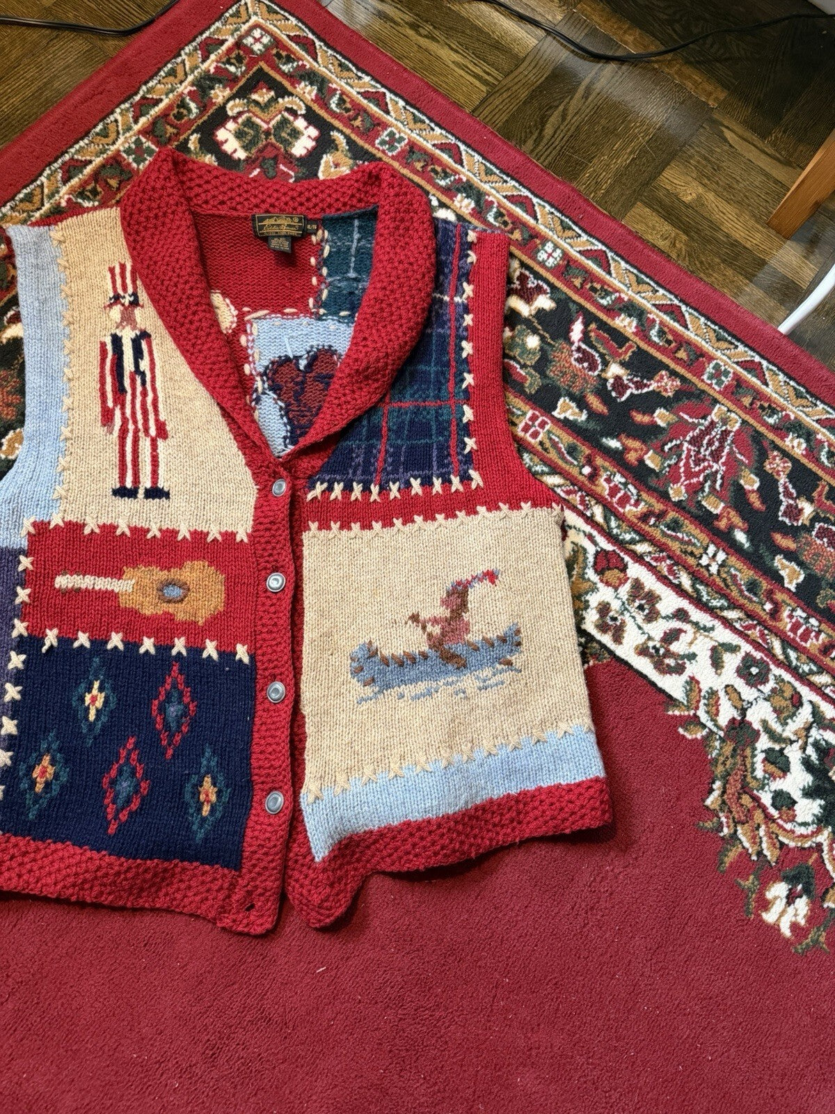 Vintage Eddie Bauer Sweater Vest Mens XL Wool Knit Patriotic Patchwork 90s USA