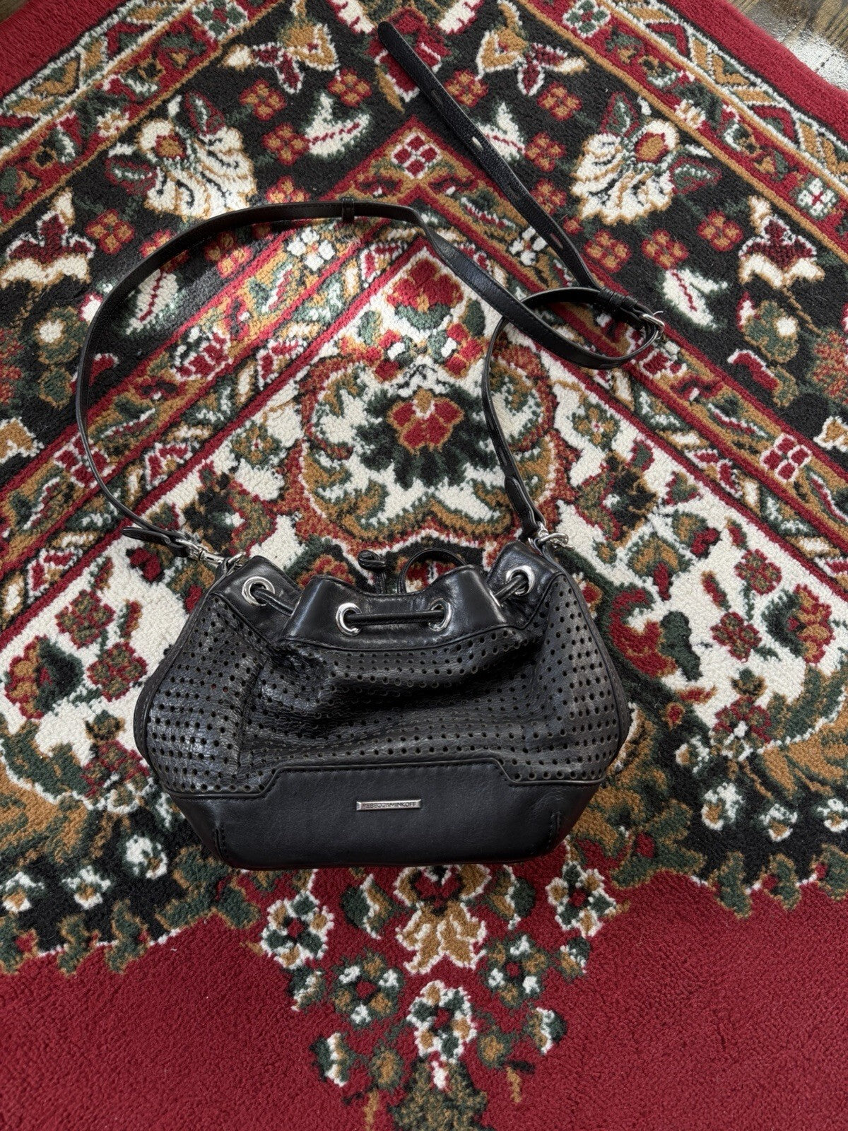 Rebecca Minkoff Perforated Leather Drawstring Bucket Bag Black Crossbody Shoulde