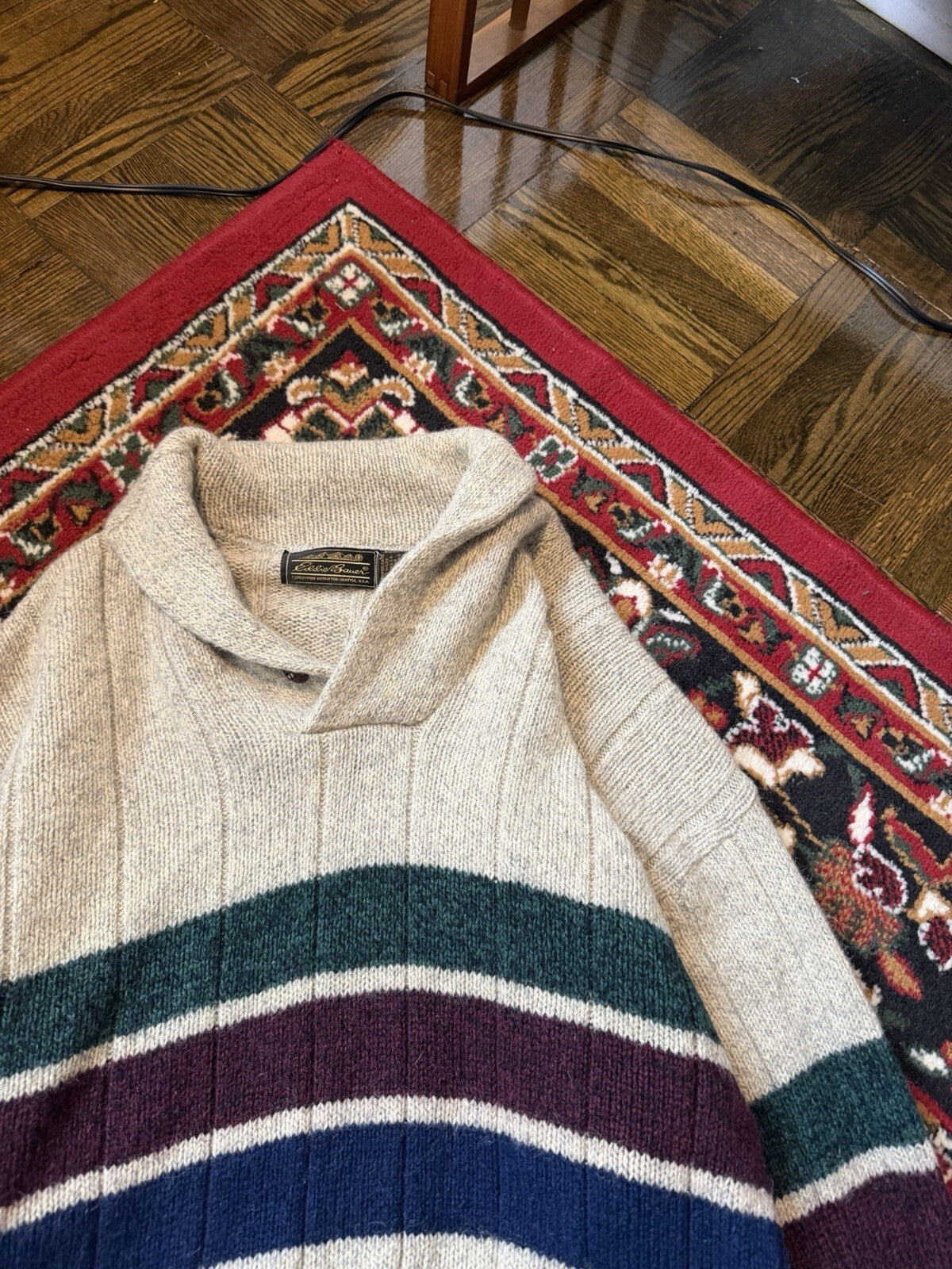Vintage Eddie Bauer Sweater Mens XL Wool Shawl Collar Made In USA Striped 90s