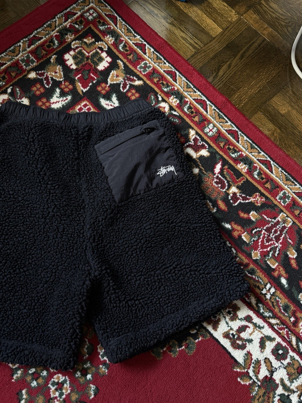 Stussy Sherpa Fleece Shorts Black Embroidered Logo Zipper Nylon Pocket