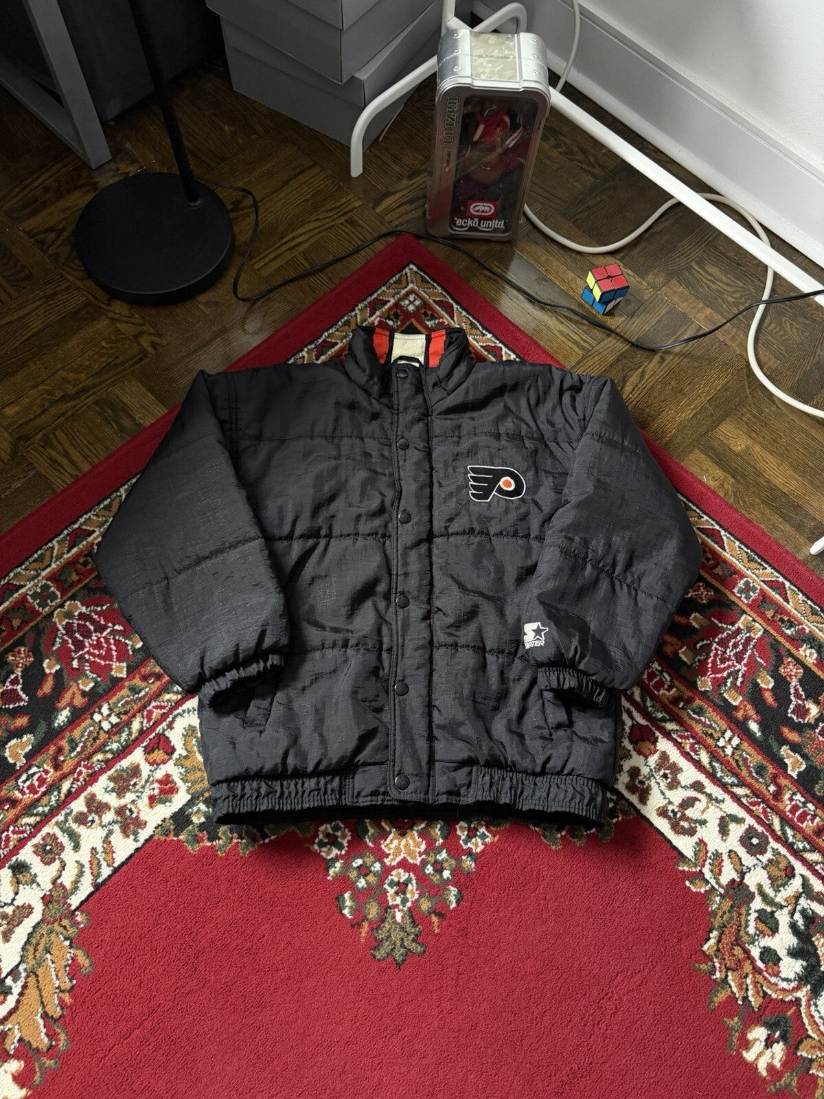Vintage 90s Starter Philadelphia Flyers NHL Puffer Jacket Black Orange